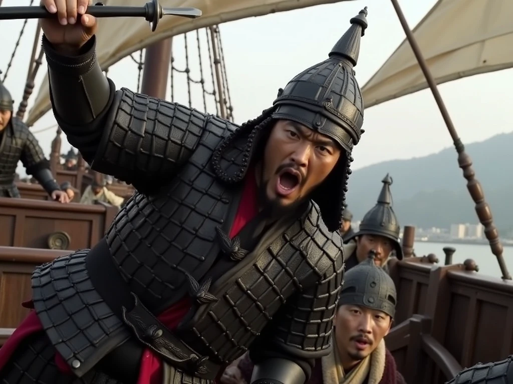 jsn_uniform A man shouts with a sword drawn on the deck of a Joseon Dynasty Panok ship in Korea in 1592.