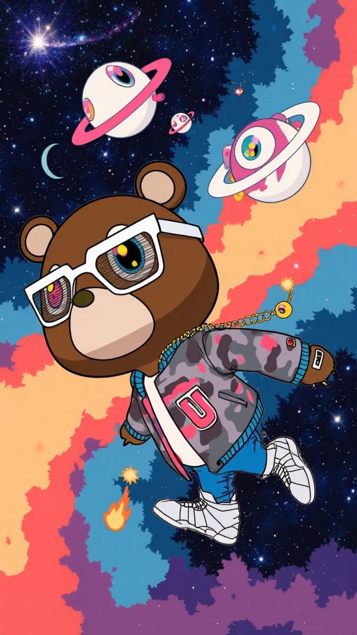 (Murakam!), A murakami bear jumping through space and time, he's wearing a gold chain and futuristic sun glasses