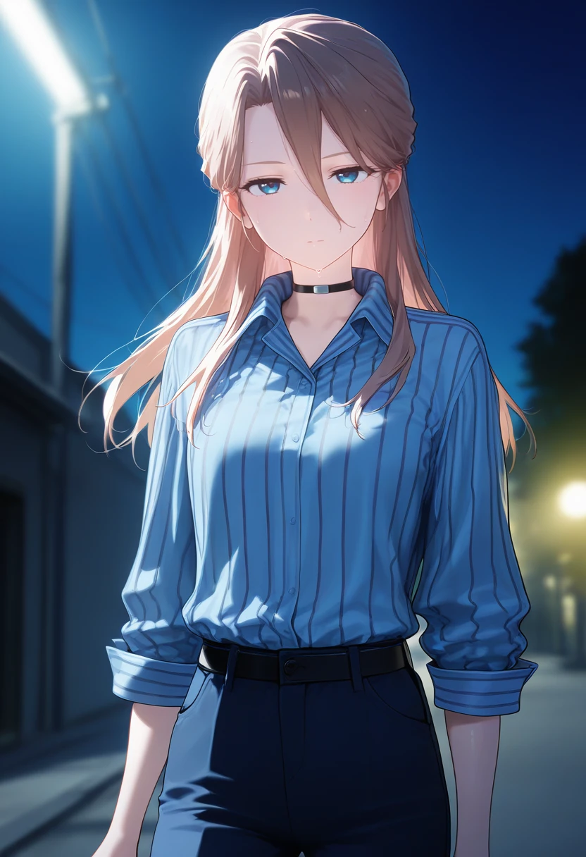 1girl, nishimiya yaeko, long hair, blue eyes, hair between eyes, brown hair, expressionless, bangs, half updo, small breasts, <lora:Nishimiya_Yaeko-05:1>, vertical-striped shirt, collared shirt, pants, looking at viewer, solo, black choker, cowboy shot, night sky, outdoors, standing, volumetric lighting, shiny skin, humid skin, BREAK, best quality, amazing quality, highres, absurdres, very aesthetic, high resolution, ultra detailed, perfect details <lora:nyalia:0.4>