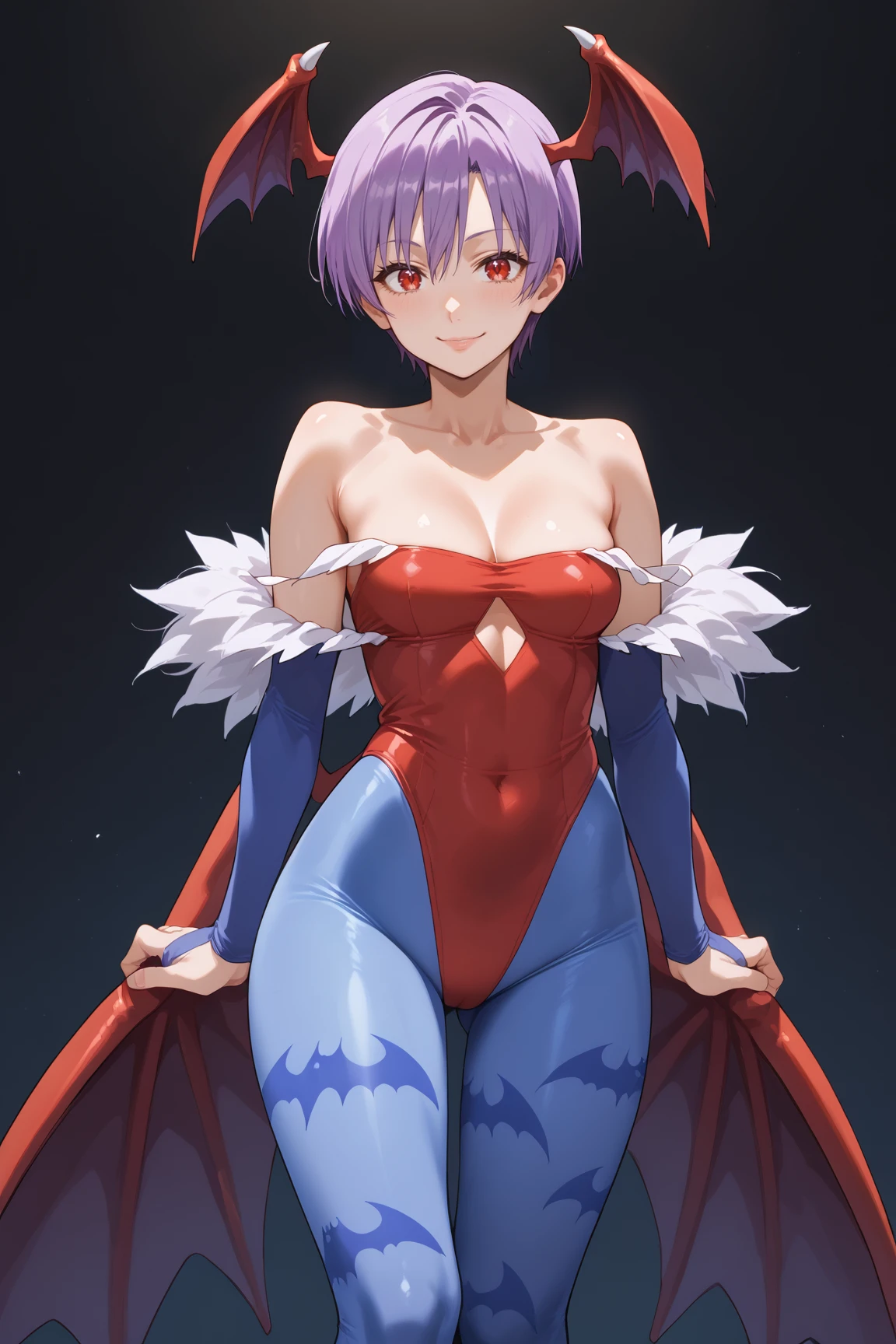 score_9, score_8_up, score_7_up, source anime, prefect lighting, very aesthetic, BREAK, anime coloring, 
<lora:lilith_darkstalkers_v2-pdv6:1>, 1girl, lilith \(darkstalkers\), red eyes, purple hair, short hair,  
lilithout, red leotard, blue pantyhose, print pantyhose, bat print, bridal gauntlets, highleg, bare shoulders, diamond cutout, head wings, 
BREAK, looking at viewer, light smile,
BREAK,