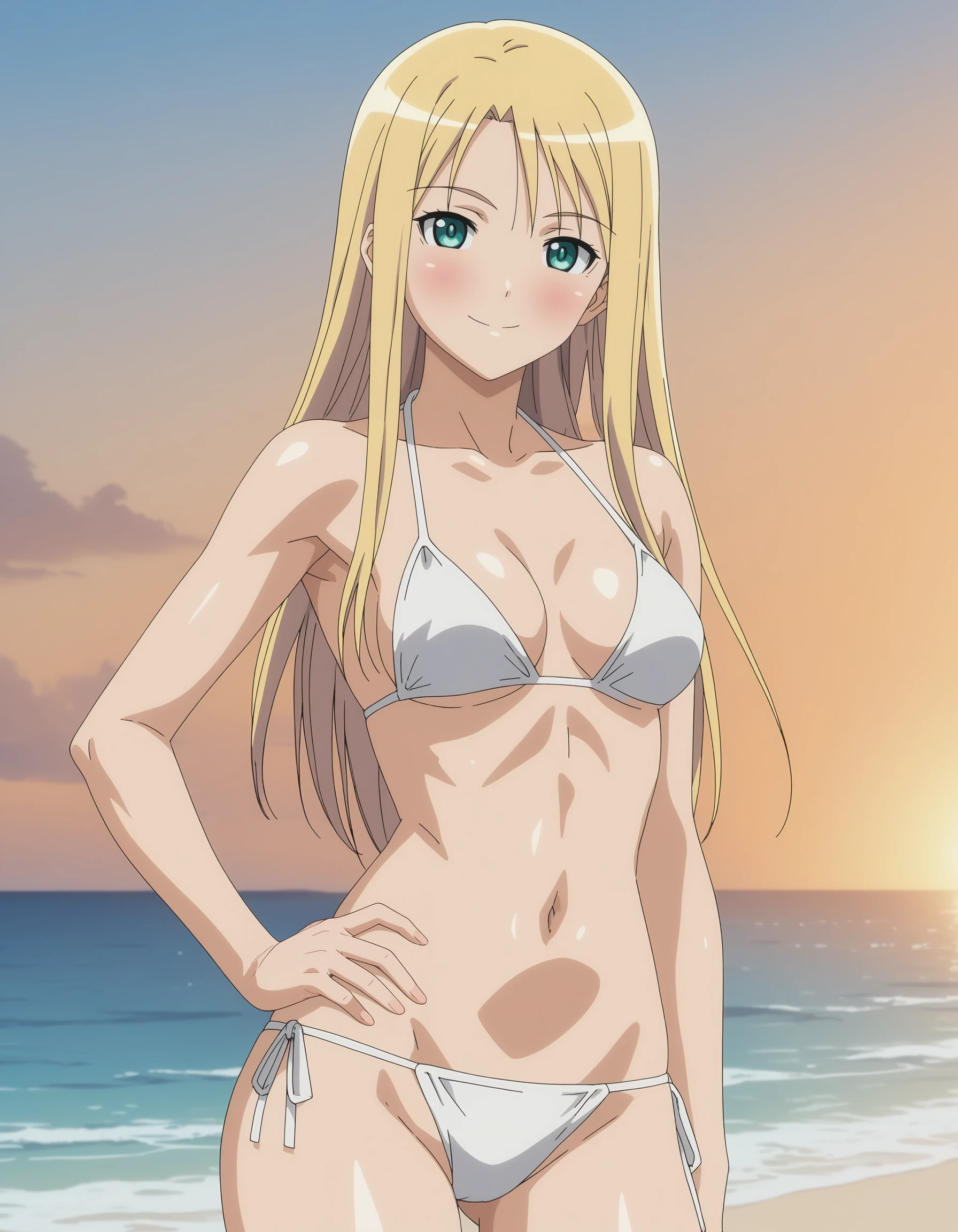 simple bikini, (standing), (stretching), Ino yamanaka, looking above, ultra detailed face, dusk time, anime style, (solo), (plain white bikini), detailed beach side, cleavage, (medium breasts), blonde, ((one eye covered with hair, hair over eye)), looking at the viewer, thick arms, (off-shoulders, wide shoulders, very little biceps), hidden eye, smile, open mouth, very happy, tall, hair clip, happy look, sharp face, sharp eye, long neck, groin, belly button, cold colors, double bra, thighs, (ultra detailed green eye, white sciera)
