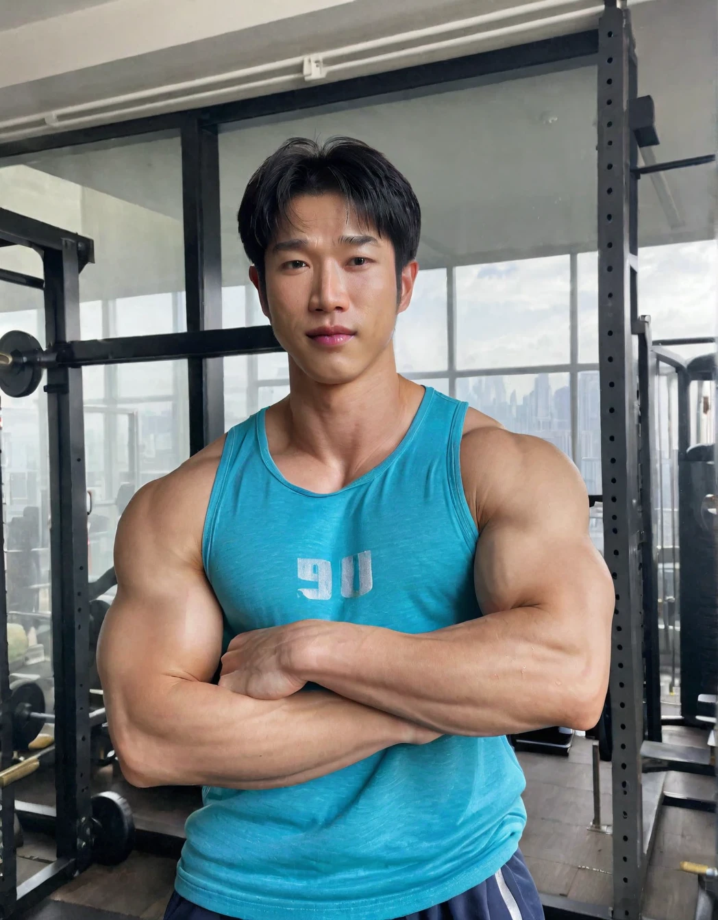 jasper_liu, 1boy, solo, realistic, sleeveless shirt, looking at you, crossed arms, broad shoulders, biceps, veiny arms, arrogant, confident, raising eyebrow, gym, sweating, shorts