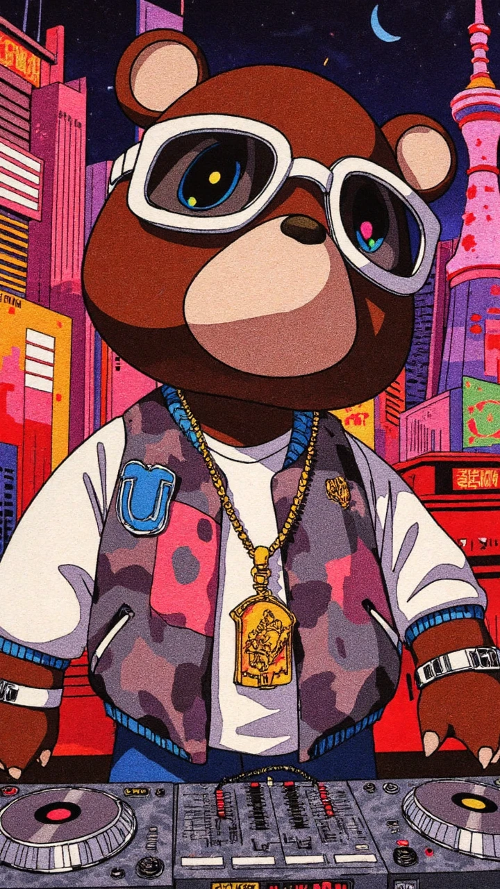 (Murakam!), A murakami bear Dj'ing at a pool party in las vegas, he's wearing a gold chain and futuristic sun glasses, retro anime style