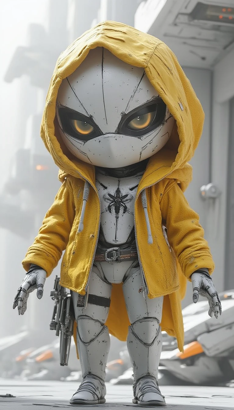 FuturisticWhite, a cute cartoon character resembling a spider-man character wearing a yellow knitted hoodie