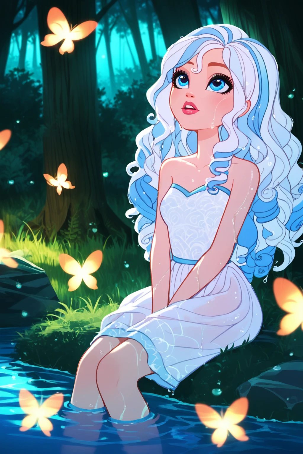 score_9, score_8_up, score_8, <lora:everafterhigh:0.8>, everafterhigh, 1girl, solo, water, long hair, blue eyes, sitting, fireflies, wet, dress, nature, outdoors, wavy hair, rock, forest, white dress, lips, tree, partially submerged, grass, night, blue hair, bare shoulders, hand between legs, curly hair, between legs, hair between eyes, v arms, white hair, looking up, wet hair