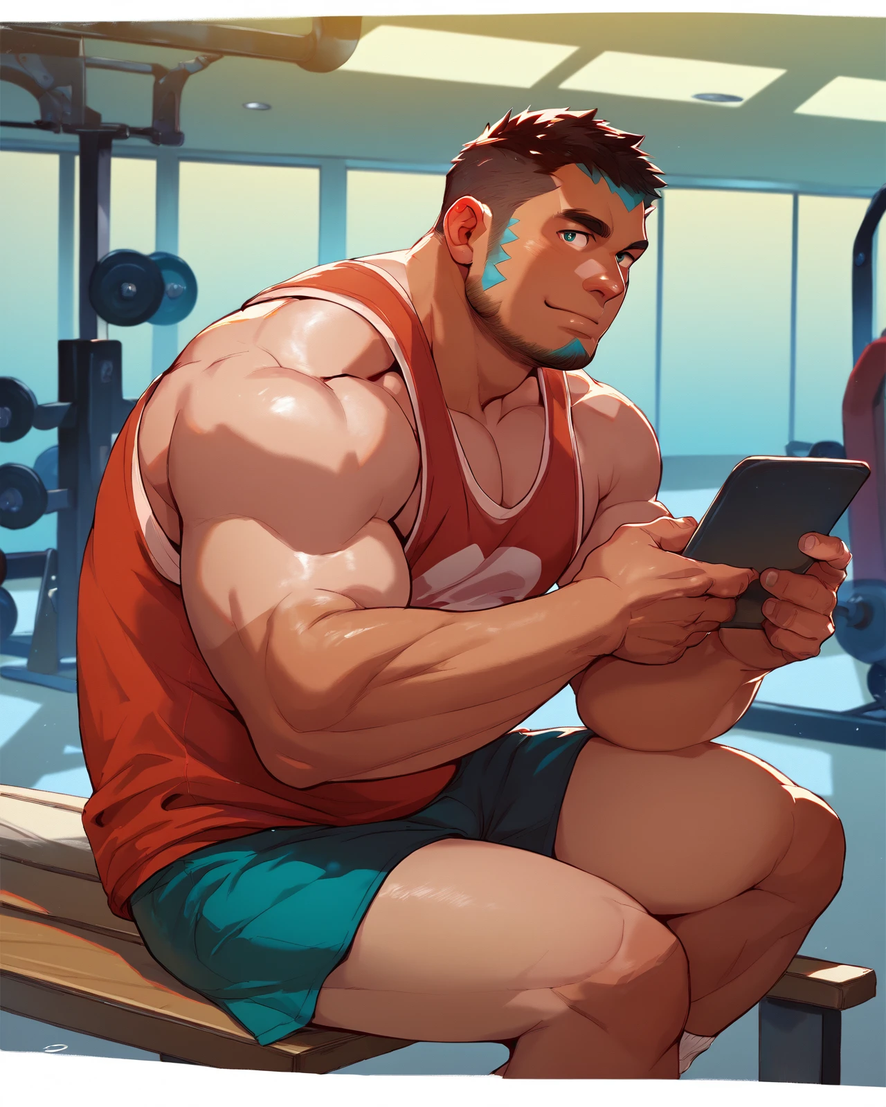 <lora:Matt_Pony_XL:0.92> aqua_admin_matt, short hair, looking at viewer, muscular, bara, face paint, tank top, sitting on bench, boxer, chubby, indoor, daytime, tan, fitness, gym, score_9, score_8_up, score_7_up, score_6_up,