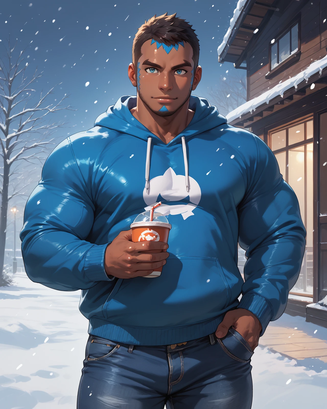 <lora:Matt_Pony_XL:0.95> aqua_admin_matt, short hair, looking at viewer, muscular, bara, face paint, jeans, hoodie, chubby, outdoor, snowing, dark skin, score_9, score_8_up, score_7_up, score_6_up,