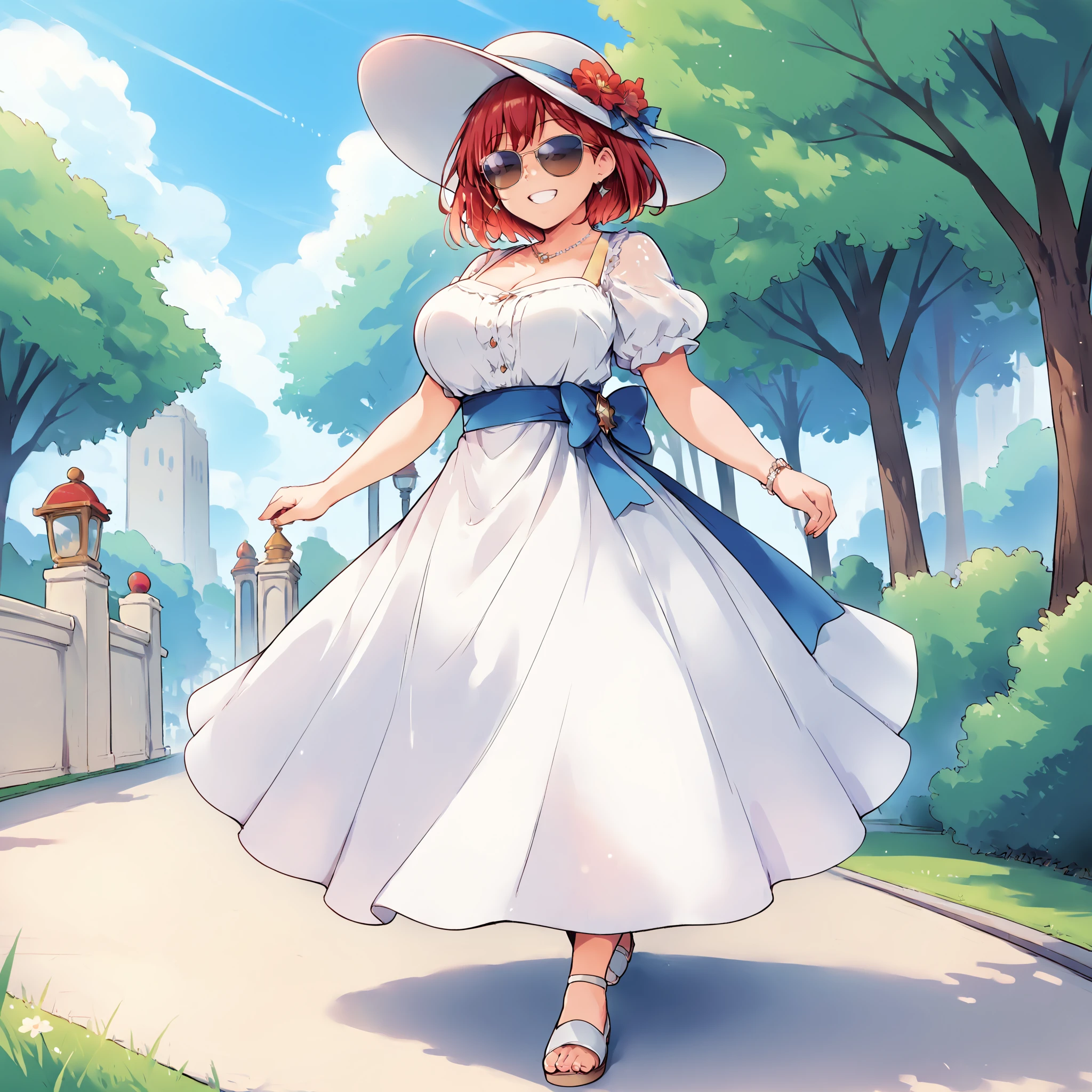 (masterpiece), best quality, (highly detailed), score_9, score_8_up, score_7_up, score_6_up, score_5_up, 1female, <lora:Kurocaze_Style:0.8>, park, outdoor, dress, sunhat, sunglasses, smile, big breasts, short hair, red hair, walking,