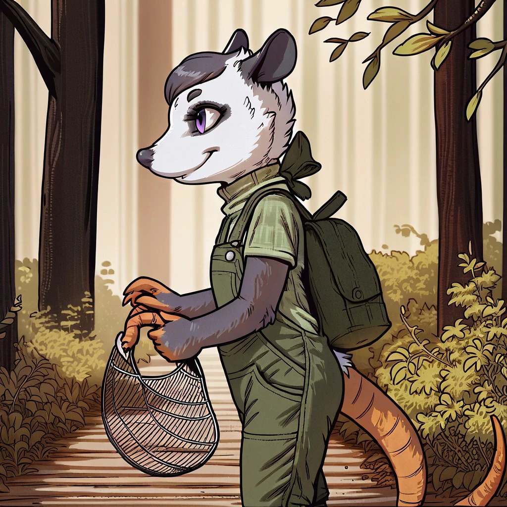 score_9, score_8_up, score_8, score_7, source_cartoon, source_furry, high quality, detailed,
Solo, 1girl, anthro, female furry, Possum, opossum, virginia opossum, Pale white and black fur, black hair, violet eyes, hairless tail, young furry, child, dark green shirt, light green overalls, holding net, side view, walking forward, forest background, smiling, excited look,