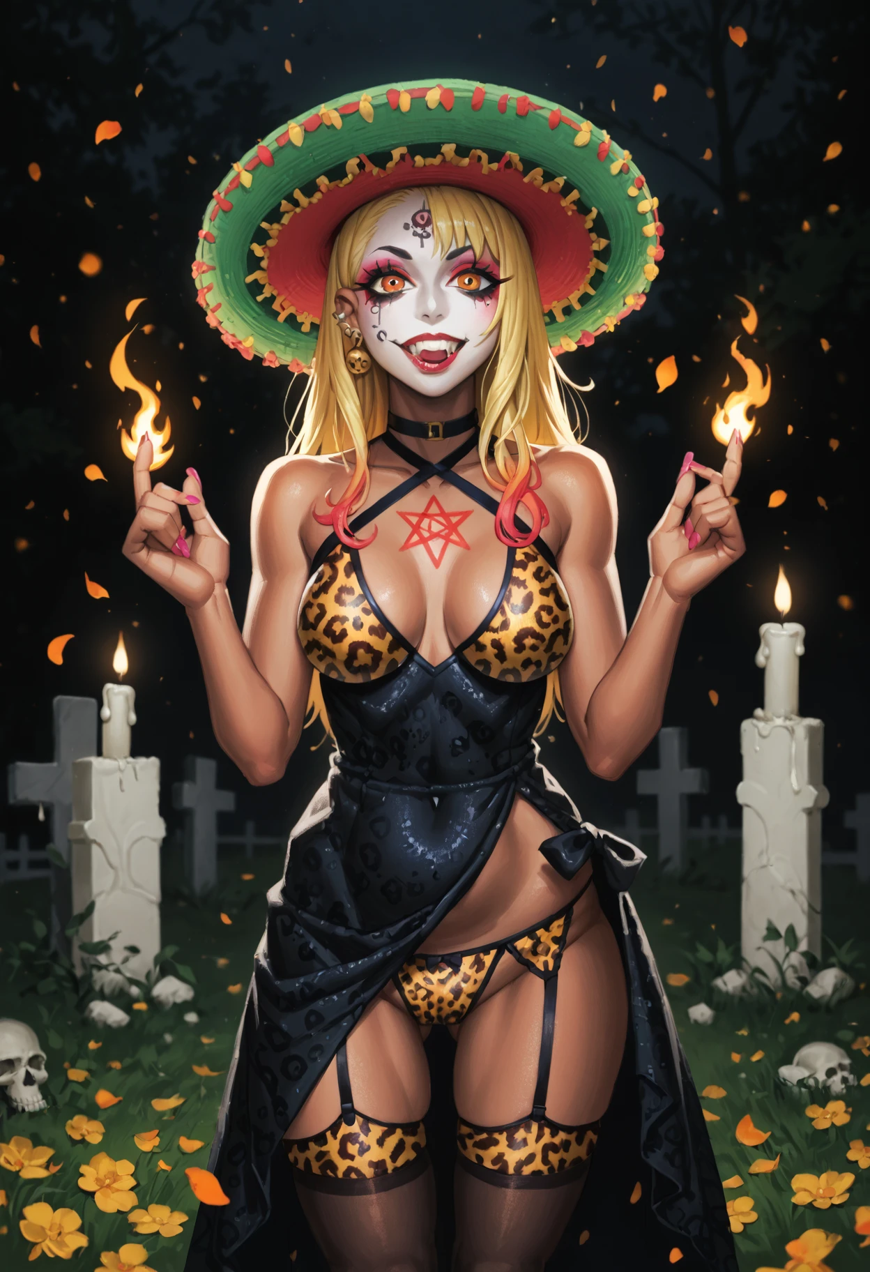 score_9,score_8,score_7_up,  l1cra, solo, 1female, gyaru, gyaru makeup, piercings, nagatoro, cute, leopard print, sleeveless black dress, intricate gold details, stockings, garter belt, calavera make-up, skull face make-up, dia de muertos, sombrero, dark graveyard, flames, pose, orange petals, black petals, particles, flowers, candles, glowing red pentagram, cowboy shot,  <lora:Lycra_Style:0.8>