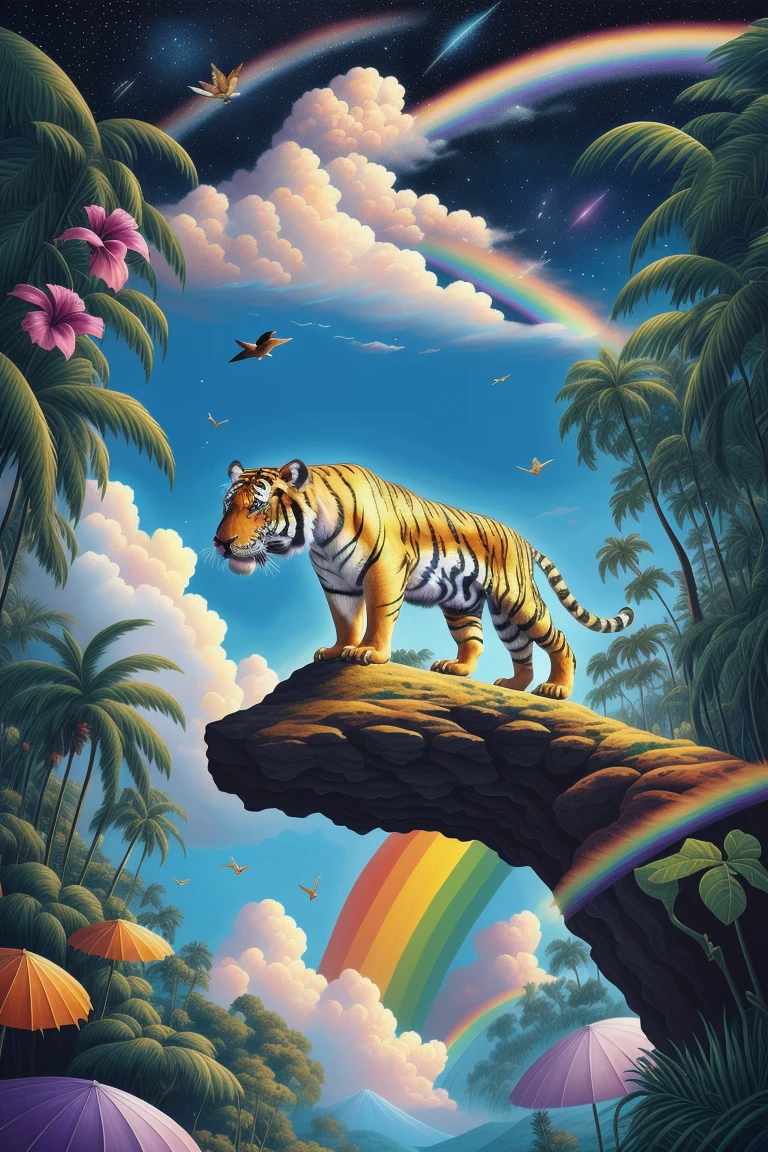 a painting of a tiger and a bird in a tropical scene with a rainbow sky and stars and a rainbow - colored bird, Chris LaBrooy, highly detailed digital art, computer graphics, psychedelic art, sparkles