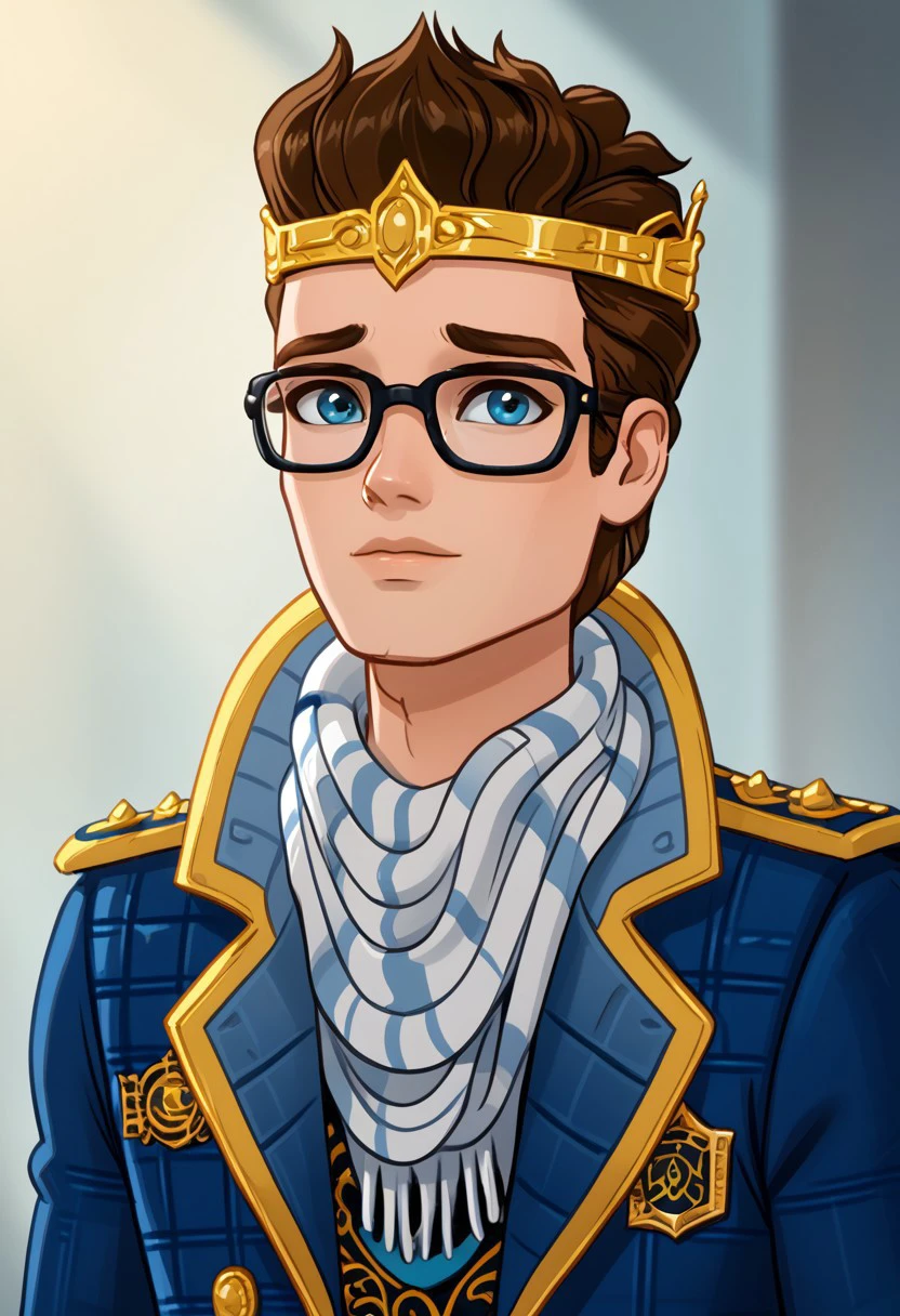 Dexter Charming, blue eyes, brunette hair, male, muscular, combed up hair, jacket, scarf, crown, glasses, portrait