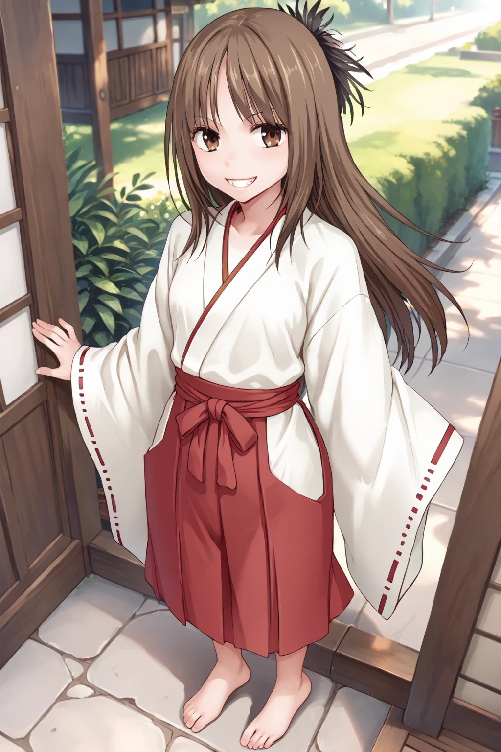 score_9, score_8_up, score_7_up, BREAK source_anime, masterpiece,
1girl, solo, nishina meru, long hair, brown hair, brown eyes, hair ornament, black feather, miko, japanese clothes, hakama skirt,  mini skirt, red hakama, barefoot, <lora:meru_pony:1>
from above, grin, full body, outdoor,