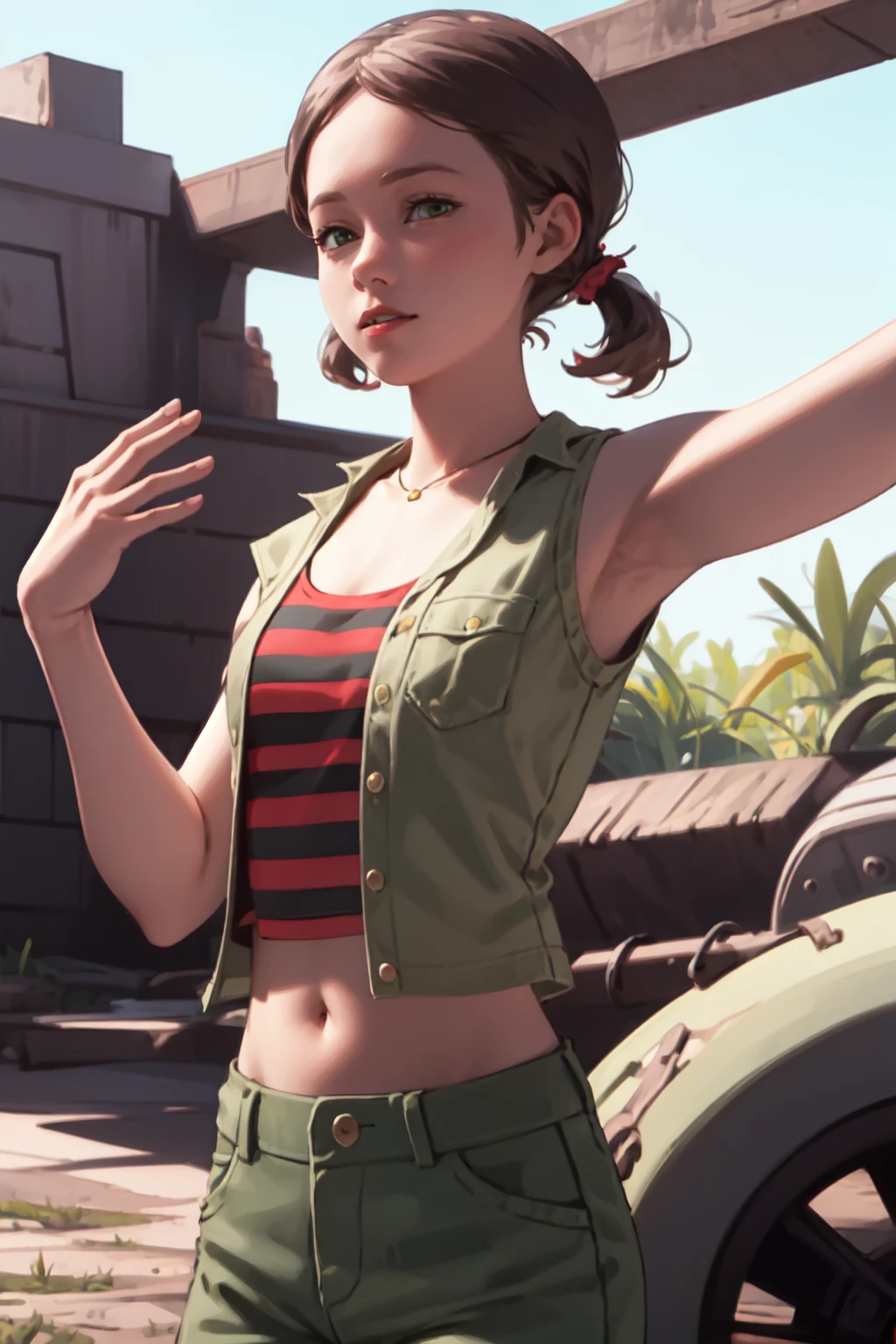 jess harding, 1girl, solo, teen, cowboy shot, dynamic pose, high quality, highres, masterpiece, detailed, open shirt, tank top, pants, midriff, short sleeves, short twintails, striped tank top, red tank top, brown shirt, green pants