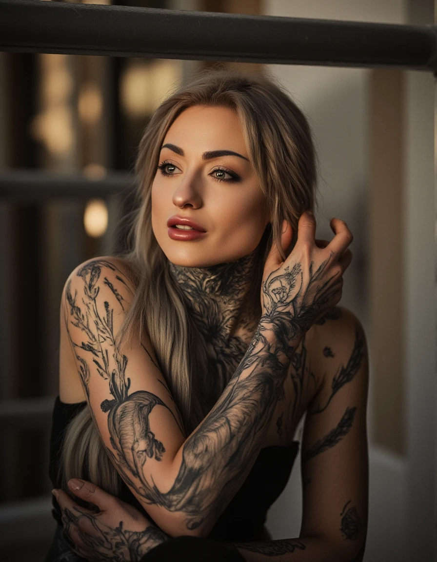 <lora:Ryan_Ashley-FLUX:1.25> ohwx woman, long blonde hair, she has tattoos covering her arms,
 <lora:Beauty_under_the_rays_of_light:0.8> Beauty, realism, chiaroscuro, cinematic quality, rays of light, play of shadow and light, <lora:flux-colourful:0.8> in the style of Jed-clrfl