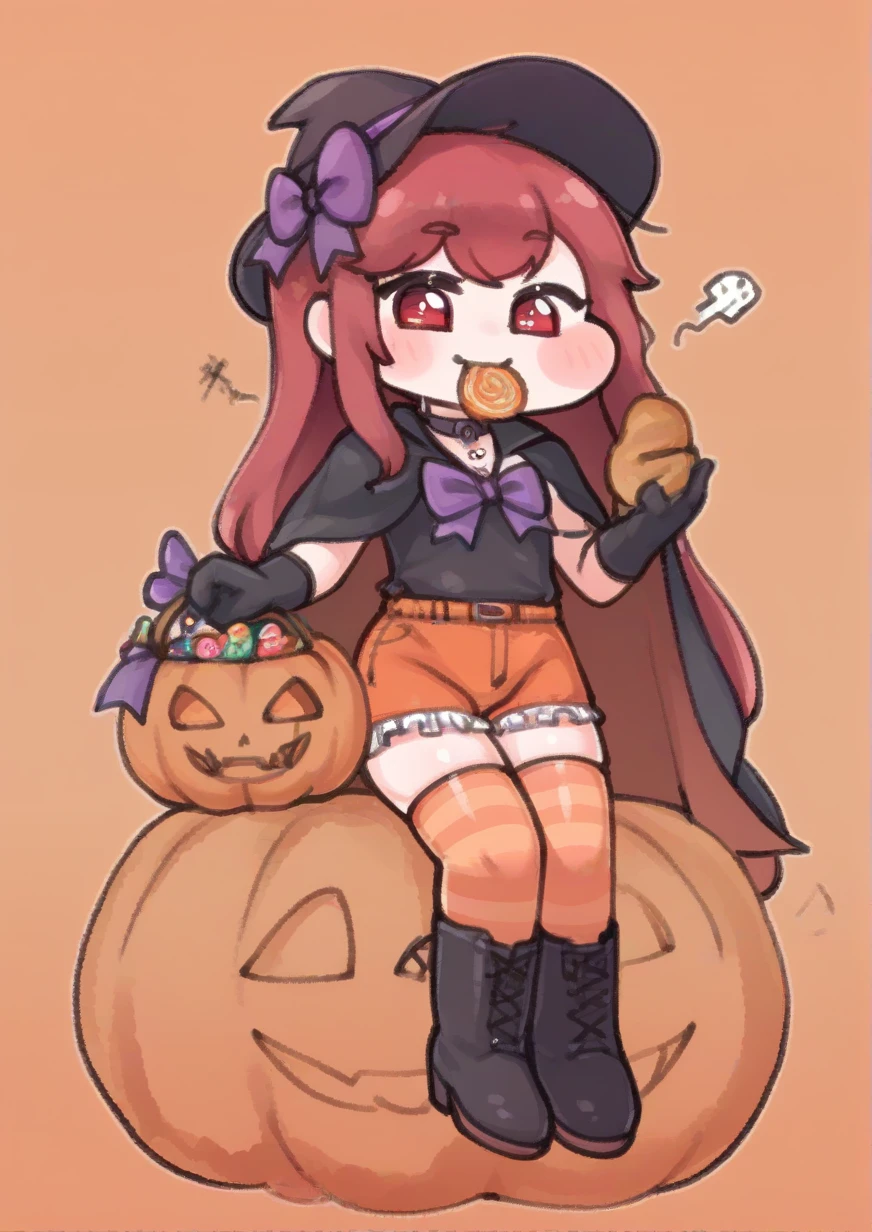 1girl,black cape, black footwear, black gloves, black headwear, black shirt, boots, bow, bowtie, bread, candy, cape, cross-laced footwear, doily, food, frilled shorts, frills, gloves, halloween, halloween costume, hat, holding, holding food, jack-o'-lantern, jewelry, long hair, looking at viewer, mouth hold, necklace, orange shorts, orange thighhighs, pumpkin, purple bow, purple bowtie, red eyes, red hair, shirt, shorts, sitting, solo, thighhighs, witch hat,<lora:nope:1>