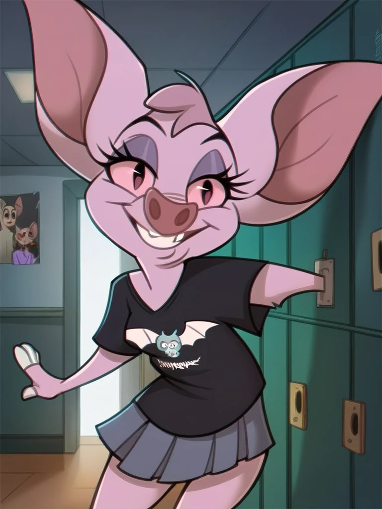 score_9, score_8_up, score_7_up, score_6_up, score_5_up, score_4_up, source_furry, anthro bat, Femme_Bat, black t-shirt, band logo, skirt, school, hallway, lockers, poster, bulletin board, detailed face, detailed eyes, detailed background, <lora:femme-bat-v1:1.0>