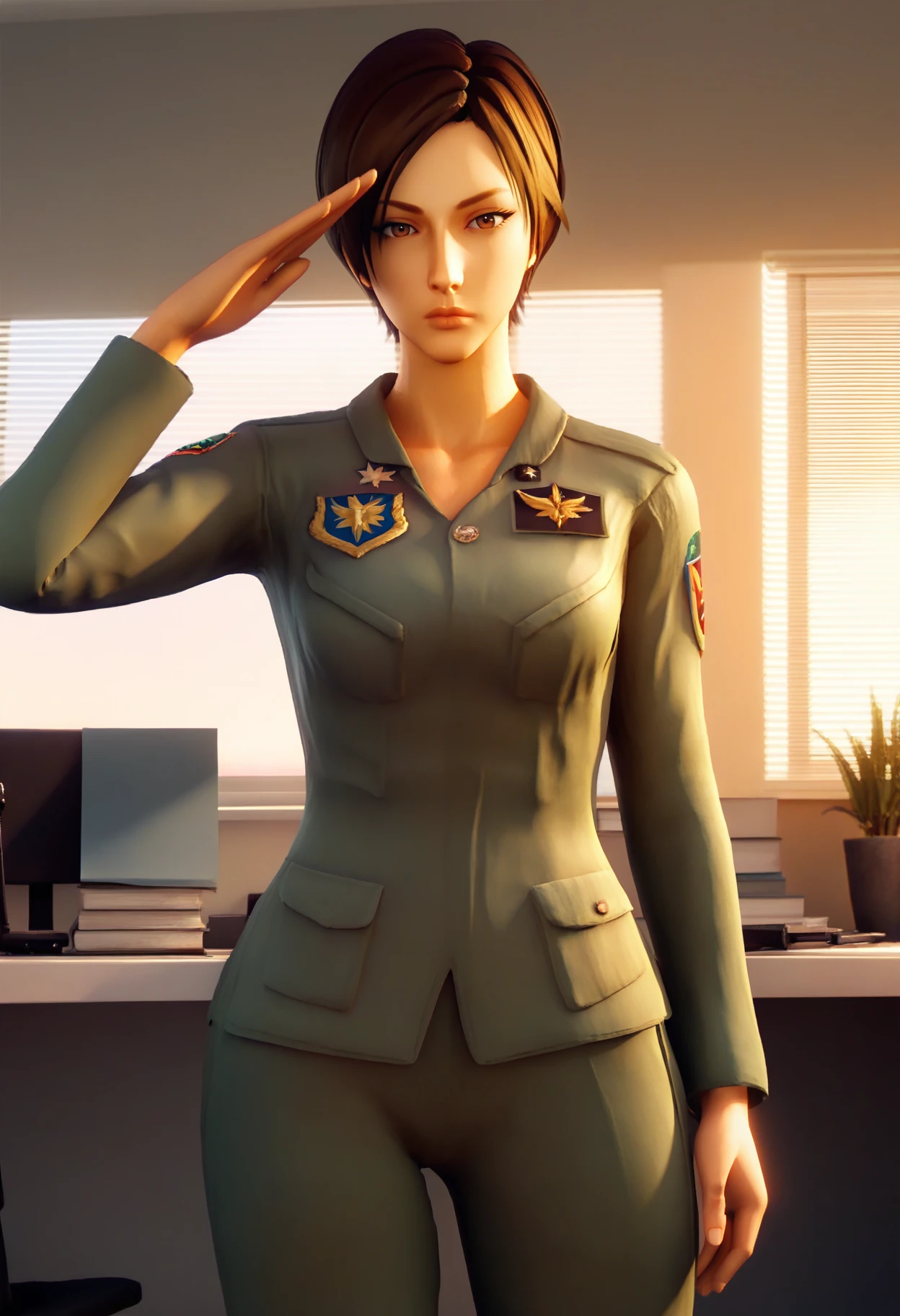 score_9, score_8_up, score_7_up, score_6_up, 3d, <lora:KeiNagase:0.9>, KeiNagase, 1girl, solo, brown hair, short hair, brown eyes, 
military uniform, green pants,
cowboy shot, looking at viewer, salute, expressionless, 
BREAK indoors, sunset, office,