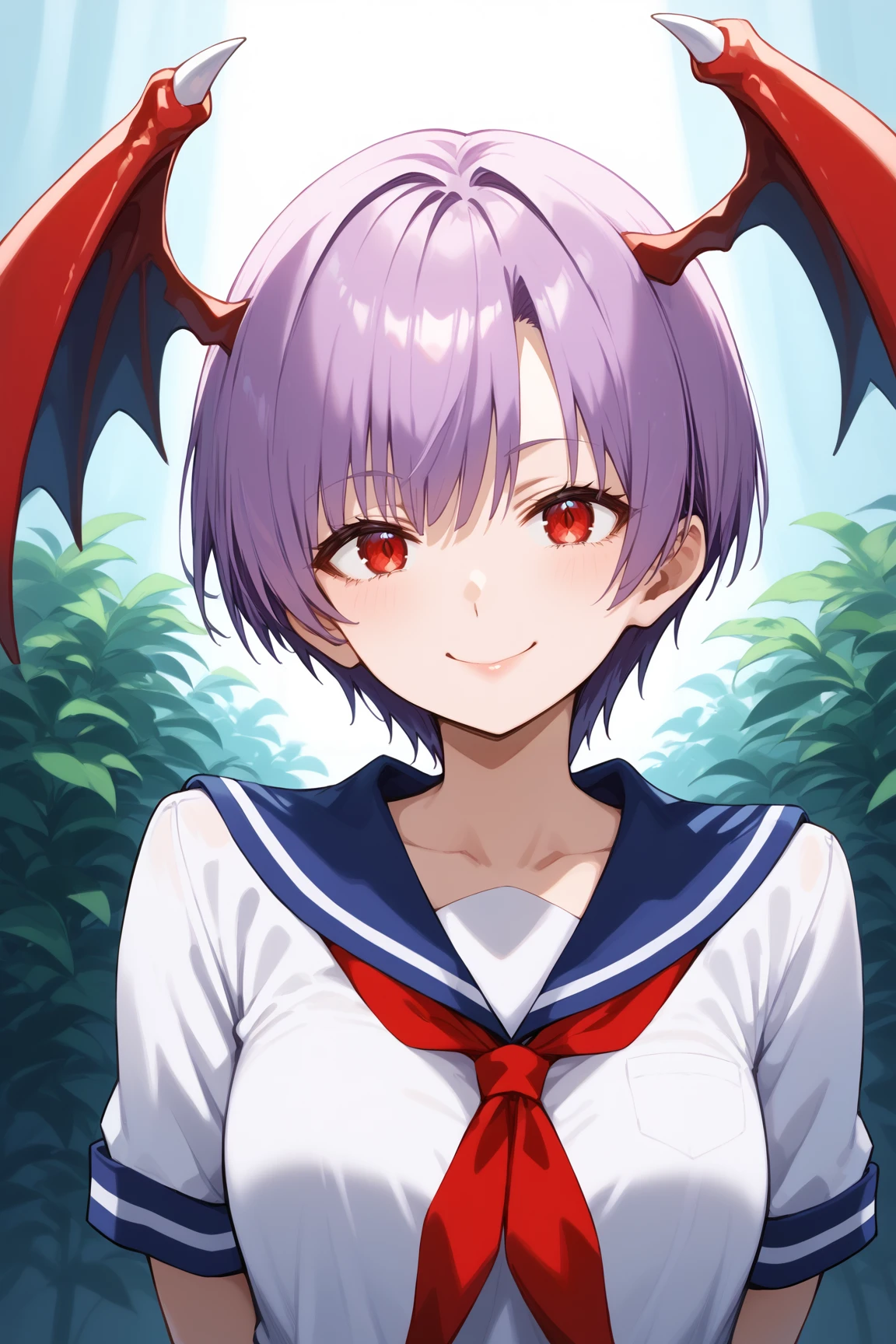 score_9, score_8_up, score_7_up, source anime, prefect lighting, very aesthetic, BREAK, anime coloring, 
<lora:lilith_darkstalkers_v2-pdv6:1>, 1girl, lilith \(darkstalkers\), red eyes, purple hair, short hair,  
serafuku, head wings, 
BREAK, looking at viewer, light smile, upper body, 
BREAK,