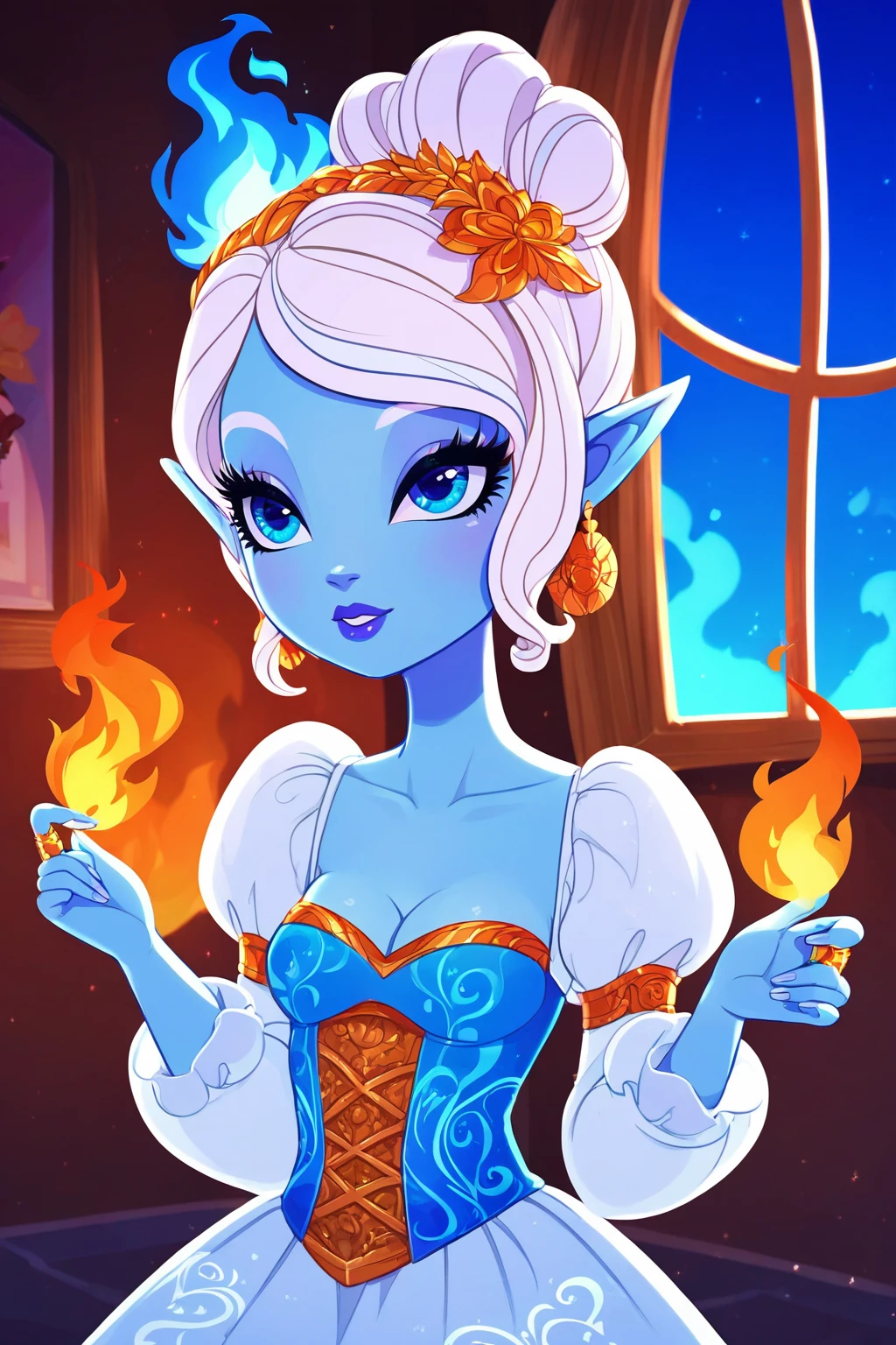 score_9, score_8_up, score_8, <lora:everafterhigh:0.8>, everafterhigh, 1girl, solo, pointy ears, jewelry, cleavage, blue eyes, colored skin, hair bun, earrings, fire, blue skin, white hair, blue fire, single hair bun, upper body, ring, fingernails, puffy sleeves, hair ornament, window, elf, collarbone, long sleeves,dress, hands up, indoors