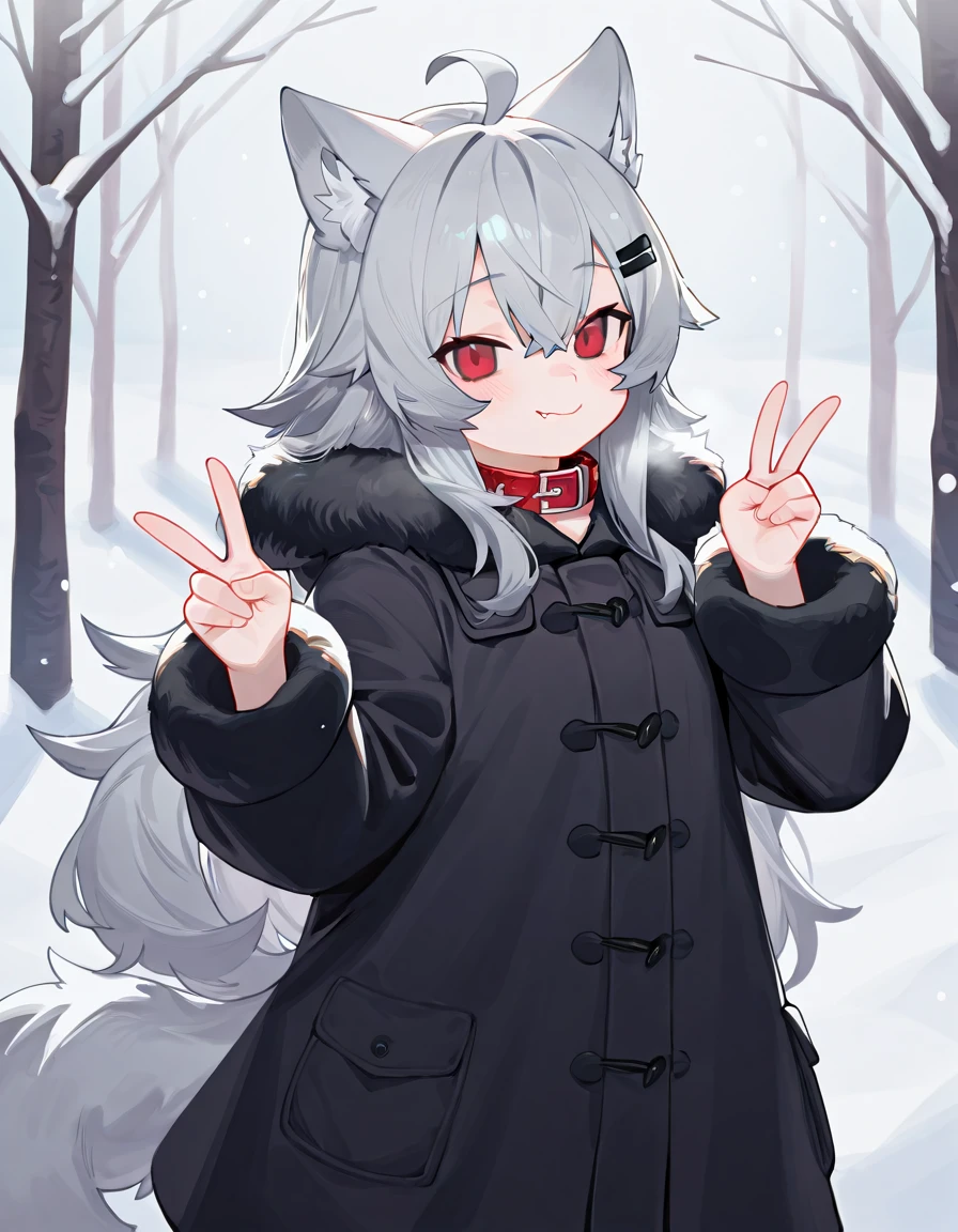 masterpiece, best quality, high quality, good quality,  1girl, ooriru, red eyes, hairclip, animal collar, black coat, fur trim, wolf tail, smile, fang, looking at viewer, standing, hand up, v, snow  <lora:ooriru-illust-v4:0.7>