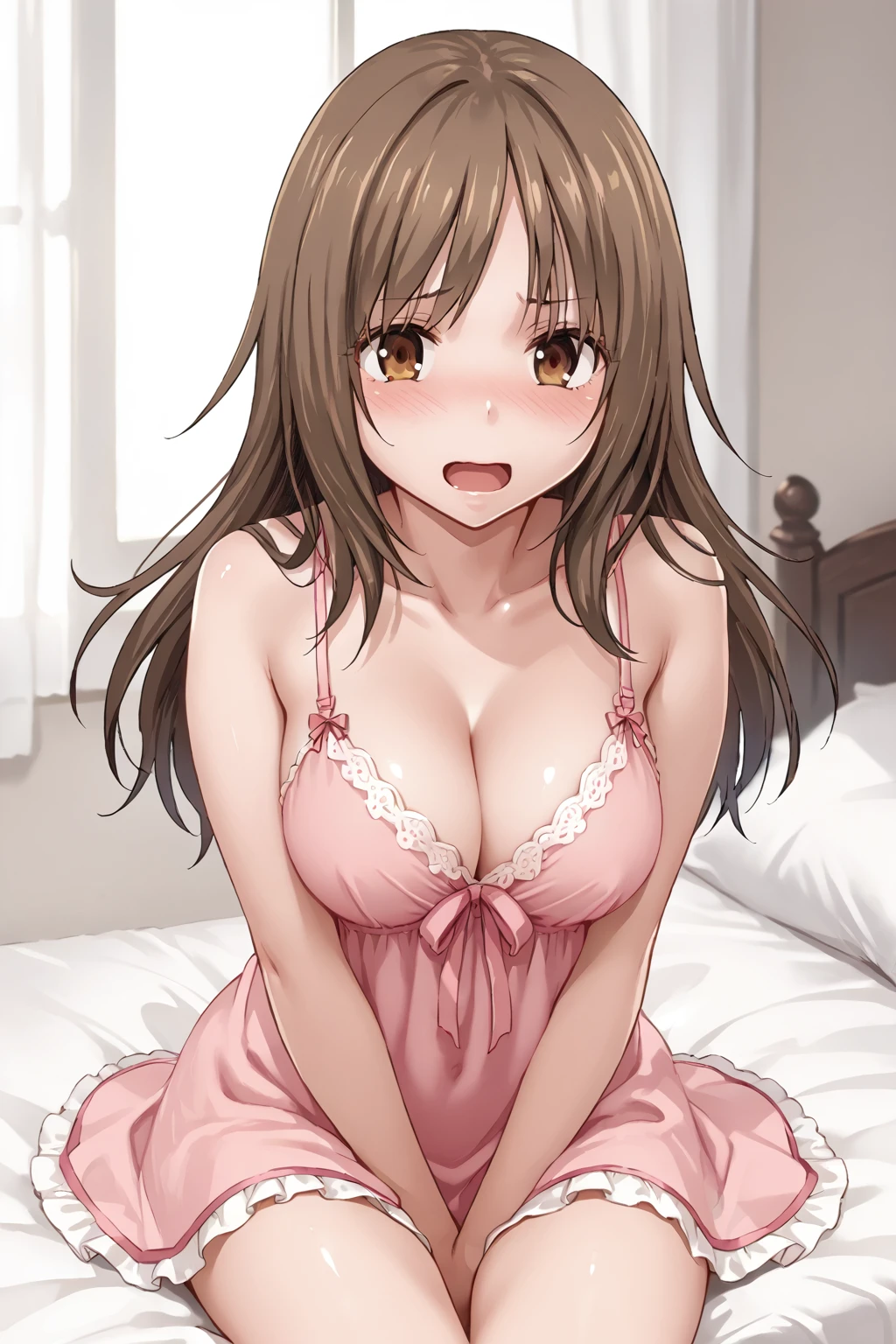 score_9, score_8_up, score_7_up, BREAK source_anime, masterpiece,
1girl, solo, nishina meru, long hair, brown hair, brown eyes, large breasts, <lora:meru_pony:1>
negligee, embarrassed, bed, open mouth,