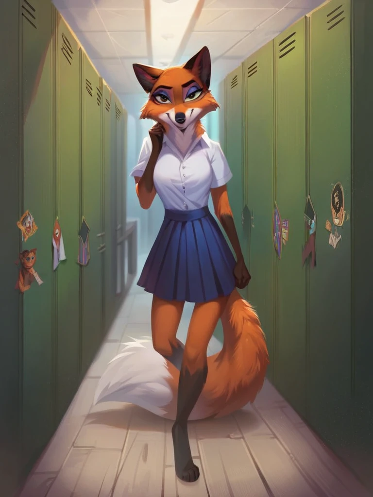 score_9, score_8_up, score_7_up, score_6_up, score_5_up, score_4_up, source_furry, anthro fox, Trickster_Fox, band shirt, skirt, school, hallway, lockers, poster \(object\), bulletin board, detailed face, detailed eyes, detailed background, <lora:trickster-fox-v1:1.0>