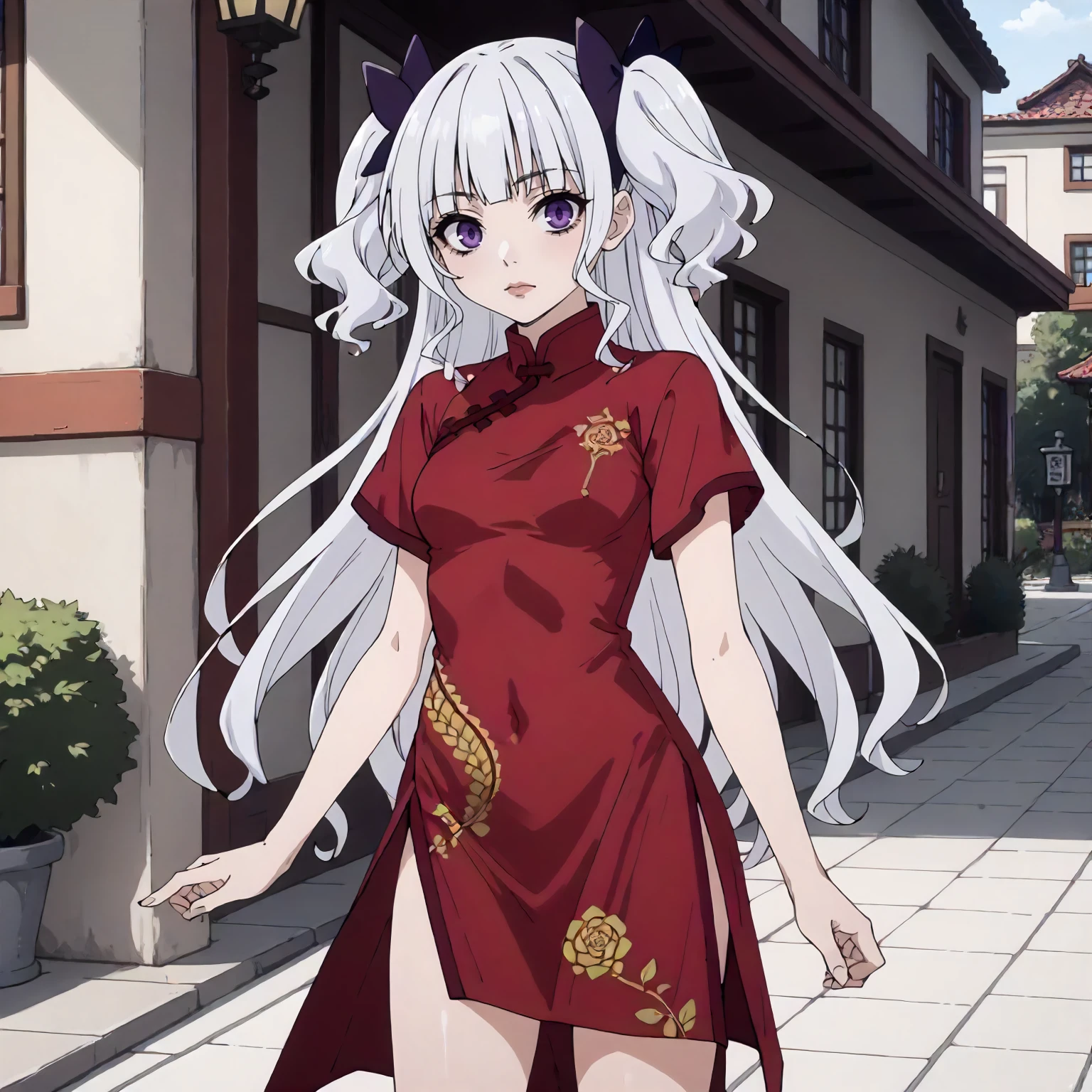 <lora:DN_KikiXLpony003>,
outdoors,
solo,
Kiki,1girl,white hair,hair ribbon,two -side up,purple eyes,
standing,
print_cheongsam,