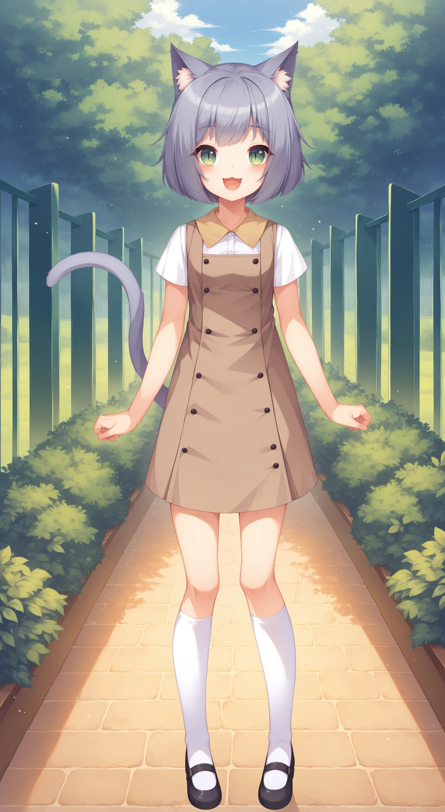 score_9, score_8_up, score_7_up, score_6_up, score_5_up, score_4_up, brown_pinafore_dress, Miruku, solo, flat_chest, looking_at_viewer, cat_ears, animal_ear_fluff, blush, open_mouth, smile, :3, cat_tail, white_shirt, collared_shirt, short_sleeves, sleeveless_dress, buttons, short_dress, white_socks, shoes, mary_janes, black_footwear, tail_raised, standing, legs, full_body, outdoors, <lora:Milk_V0.5_3:0.9>