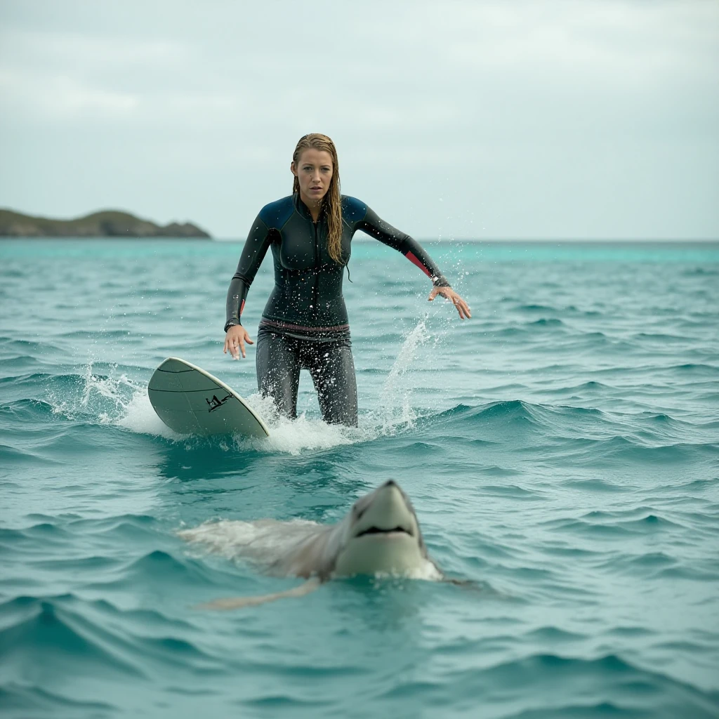 Nancy wears a fullbody surfsuit and is surfing on the ocean. A shark is in the water<lora:TheShallows:0.9>