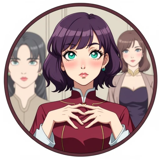 arranged in a circular composition. The background is a stylized, thick lashes. She has a fair complexion with a subtle blush on her cheeks., and her bangs fall across her forehead. She is wearing a high-collared, which she holds open with both hands, digitally illustrated drawing in an anime style. The image features two women standing indoors, almond-shaped green eyes. Her hair is a deep purple, styled in voluminous, adding a touch of elegance to her look. Her expression is calm and slightly melancholic.