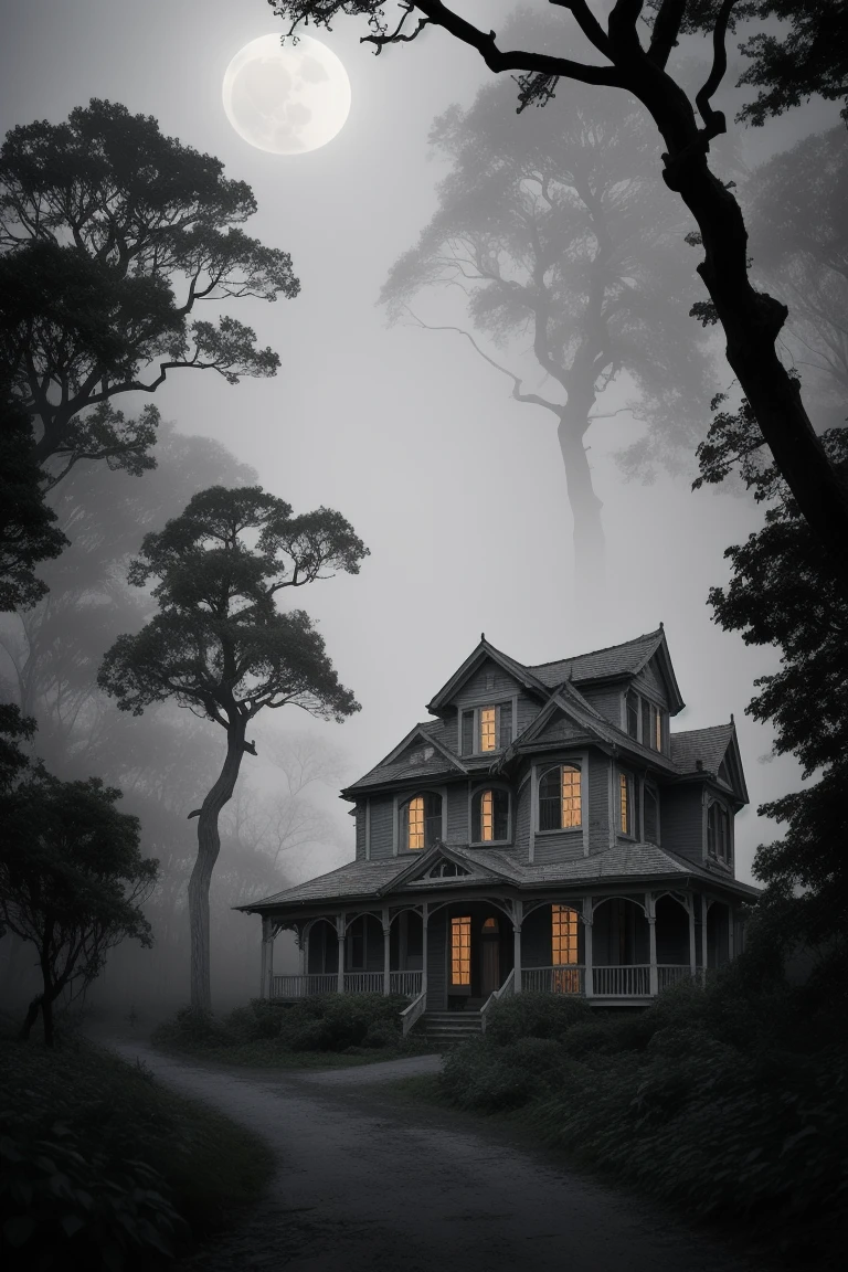 A spooky, old Victorian-style haunted house stands alone in a dark, eerie landscape. The house has pointed gables, broken windows, and a collapsing, crooked roof. Dim moonlight illuminates the scene, casting shadows around twisted, leafless trees. Mist curls around the base of the house, and a cracked, overgrown path leads up to the front door, enhancing the unsettling, mysterious atmosphere