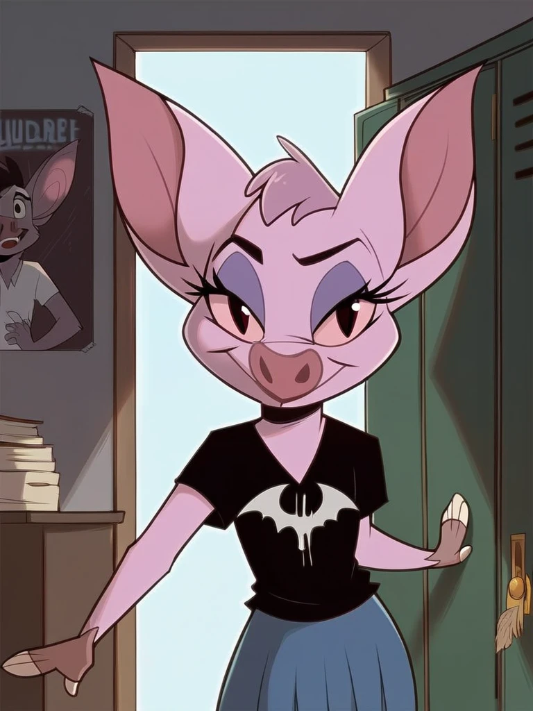 score_9, score_8_up, score_7_up, score_6_up, score_5_up, score_4_up, source_furry, anthro bat, Femme_Bat, black t-shirt, band logo, skirt, school, hallway, lockers, poster, bulletin board, detailed face, detailed eyes, detailed background, <lora:femme-bat-v1:1.0>