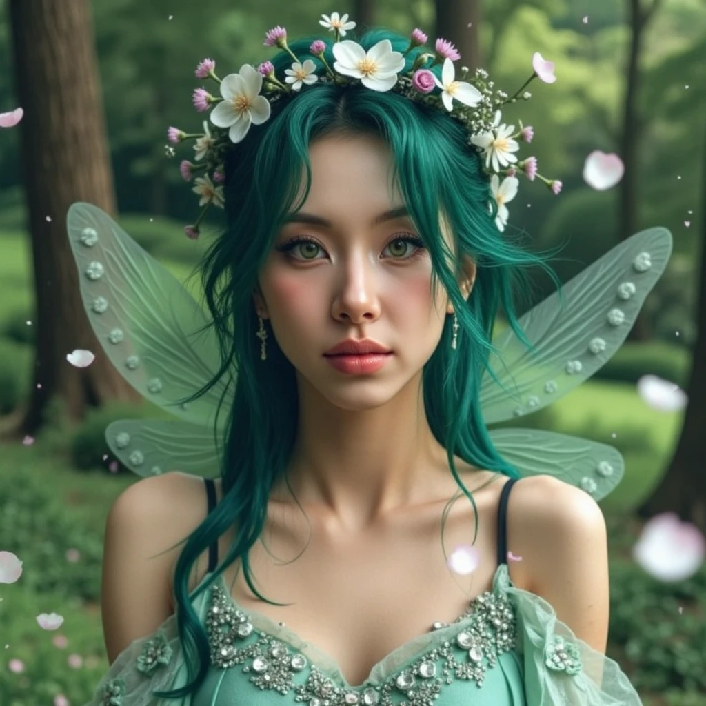 cinematic, masterpiece, ultra detailed textures and colors, ultra realistic, 8k, a beautiful woman, green piercing eyes, green messy hair,  looking at the viewer, she is in a flowing, ethereal gown with floral embellishments, she has dragonfly wings and beautiful fairy dust all around her shining, surrounded by soft, floating petals. Her hair is styled in loose, romantic waves with flower crowns. Use soft, natural lighting with a magical, enchanted forest backdrop to create a whimsical, fairy-tale mood.