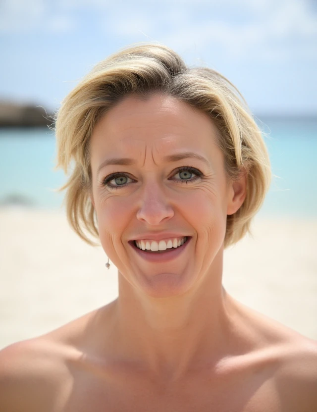 Dee Williams is a blond short hair woman. Closeup face portrait. Beach background<lora:Dee_Williams:0.9>