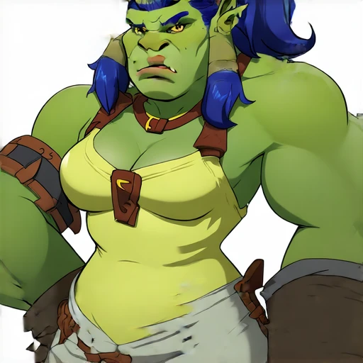 Comics,representation of a young half-human, half-orc woman, tall and muscular, blue hair, light green eyes,pale skin, smile,tribal tattoo,fantasy heroic style. watercolor