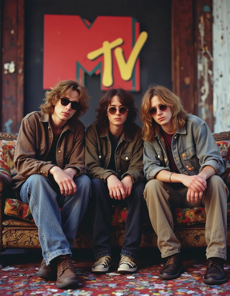 retr0grade90s A slightly blurry photo of a rock band sitting on a couch at MTV studios, taking a grunge band photo. They are wearing a mixture of denim, some have sunglasses and leather jackets. The sign behind them is of MTV.<lora:General Flux\retrograde-90s-000015.safetensors:0.9500000000000001:1.0>