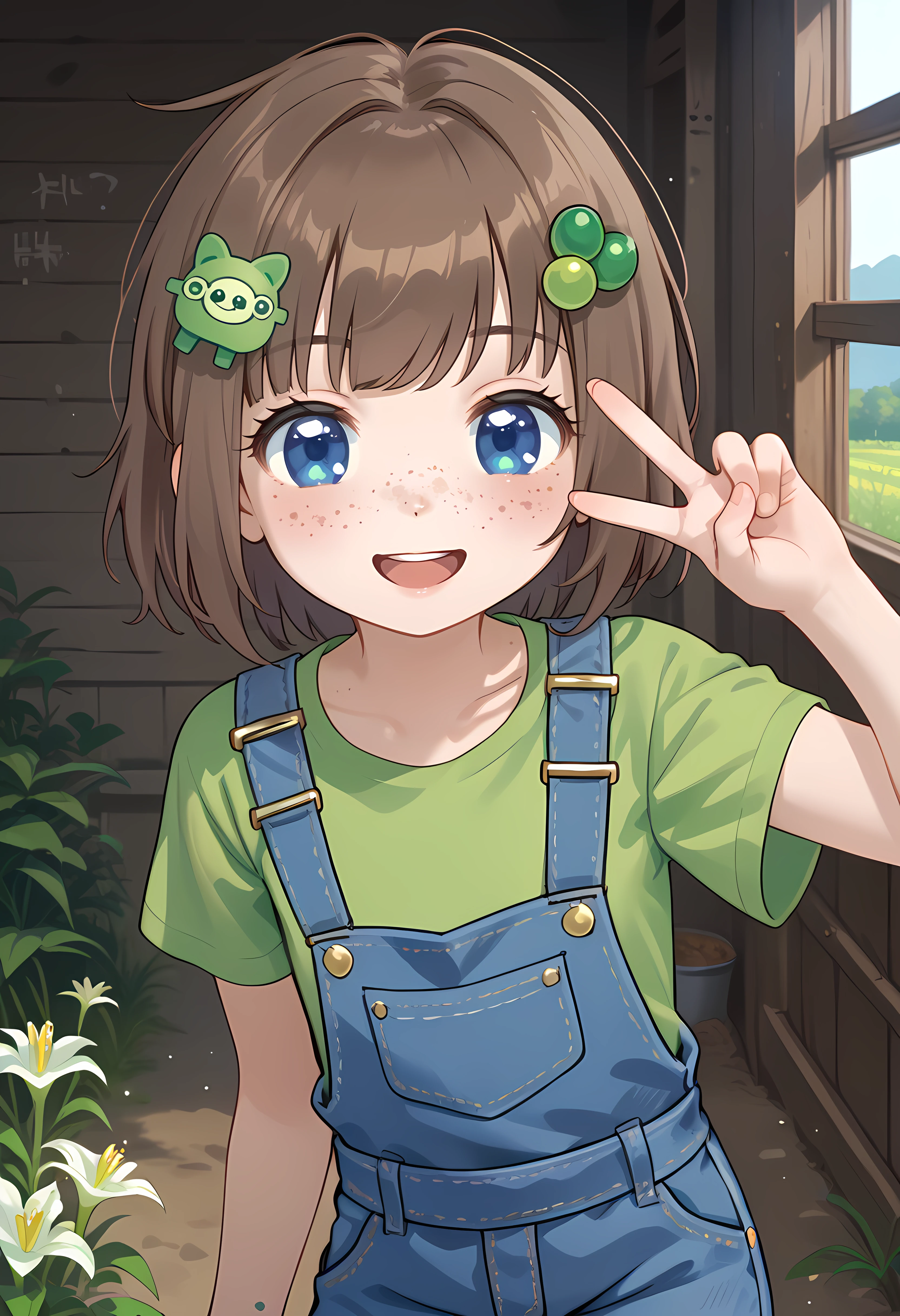 score_9, score_8_up, score_7_up, score_6_up, score_5_up, score_4_up<lora:Lily_Hopkin_pony:0.8>a cartoon girl in overalls and  reen shirt standing , 1girl, freckles, brown hair, bandaid, blue eyes, overalls, shirt, solo, smile, short hair,, bandaid on leg,, hair ornament, green shirt, bandaid on knee, looking at viewer, open mouth,peace sign,face focus,farm background,Lily Hopkins, (portrai shot, upper body)