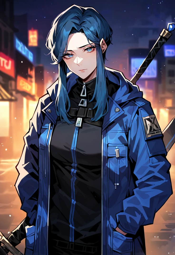 (score_9, score_8_up:1.1), score_7_up, masterpiece, perfect face, beautiful face, perfect hands, beautiful hands, <lora:Bari_Limbus:1>, BariLimbus, 1girl, solo, short hair with long locks, dark blue hair, blue eyes, black jacket, zipper, blue coat, open coat, (black pants), looking at viewer,emotionless face, standing, hands in pocket, outdoors, night, ruin, post-apocalypse, ruined city, upper body, portrait, face focus, (((scabbard on back, weapon on back))), hood down