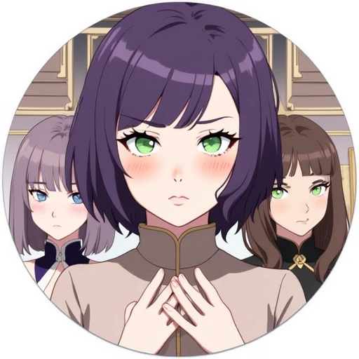 arranged in a circular composition. The background is a stylized, thick lashes. She has a fair complexion with a subtle blush on her cheeks., and her bangs fall across her forehead. She is wearing a high-collared, which she holds open with both hands, digitally illustrated drawing in an anime style. The image features two women standing indoors, almond-shaped green eyes. Her hair is a deep purple, styled in voluminous, adding a touch of elegance to her look. Her expression is calm and slightly melancholic.