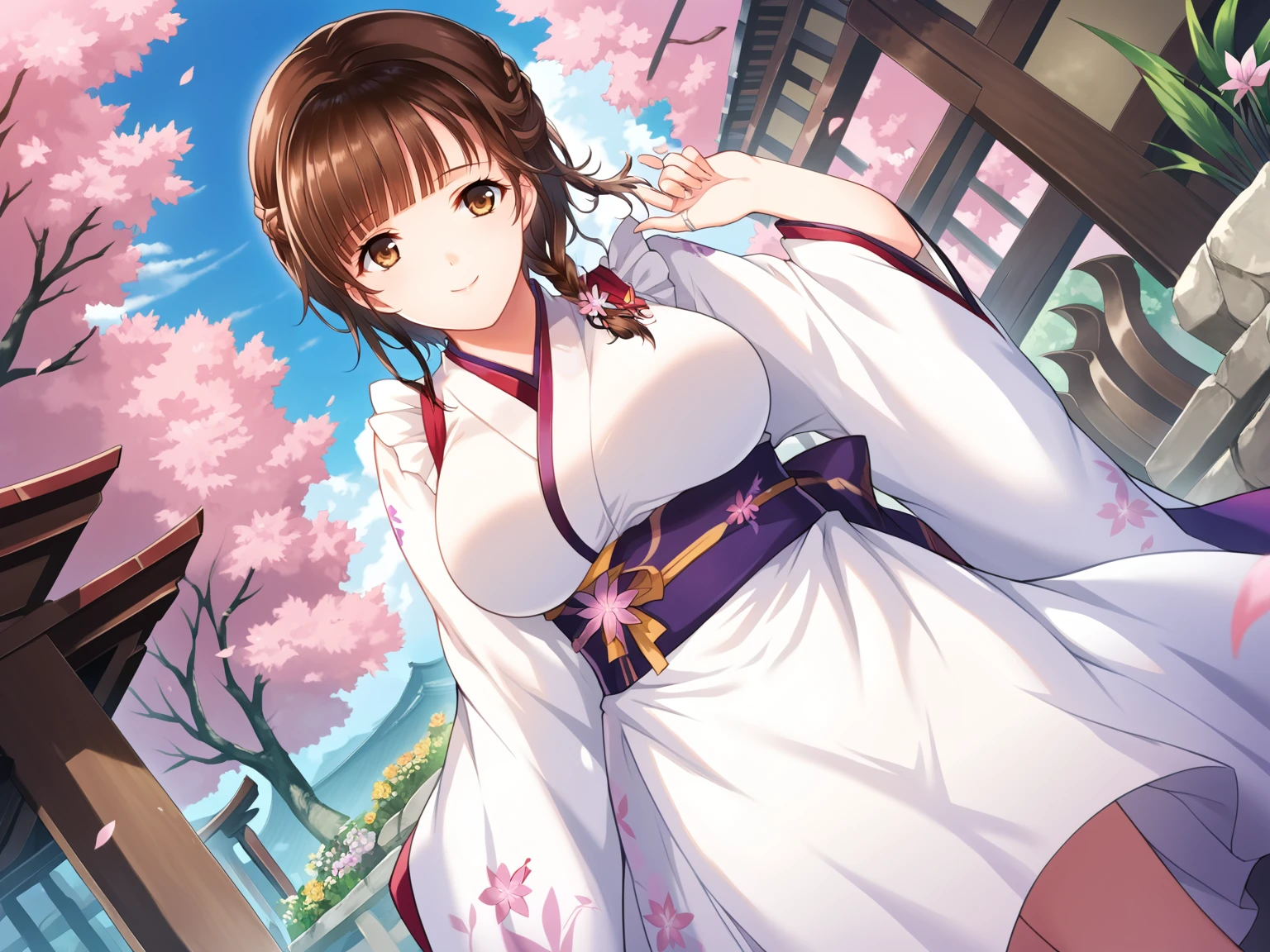 alicesoft,mayuko,1girl,solo,japanese clothes,apron,brown eyes,kimono,smile,brown hair,breasts,jewelry,flower,ring,braid,large breasts,
<lora:Alicesoft_-_Haha_Ranman_-_Mayuko_Saki_Uka:1>,outdoors,garden,stone,cherry blossoms,spring \(season\),dappled sunlight,, score_9, score_8_up, score_7_up,source_anime,(masterpiece),(best quality),(ultra-detailed),(best illustration),(best shadow),(absurdres),(detailed background),(very aesthetic),source_anime