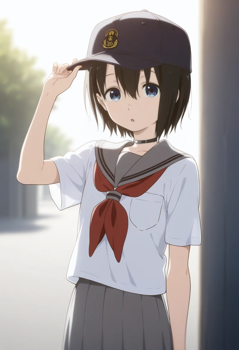 1girl, nishimiya yuzuru, tomboy, blue eyes, short hair, black hair, flat chest, <lora:Nishimiya_Yuzuru2-04:1>, school uniform, serafuku, red neckerchief, short sleeves, grey skirt, grey sailor collar, white shirt, looking at viewer, solo, black choker, cowboy shot, :o, hand on headwear, hand up, looking to the side, open mouth, outdoors, upper body, volumetric lighting, shiny skin, humid skin, BREAK, best quality, amazing quality, highres, absurdres, very aesthetic, high resolution, ultra detailed, perfect details <lora:nyalia:0.4>