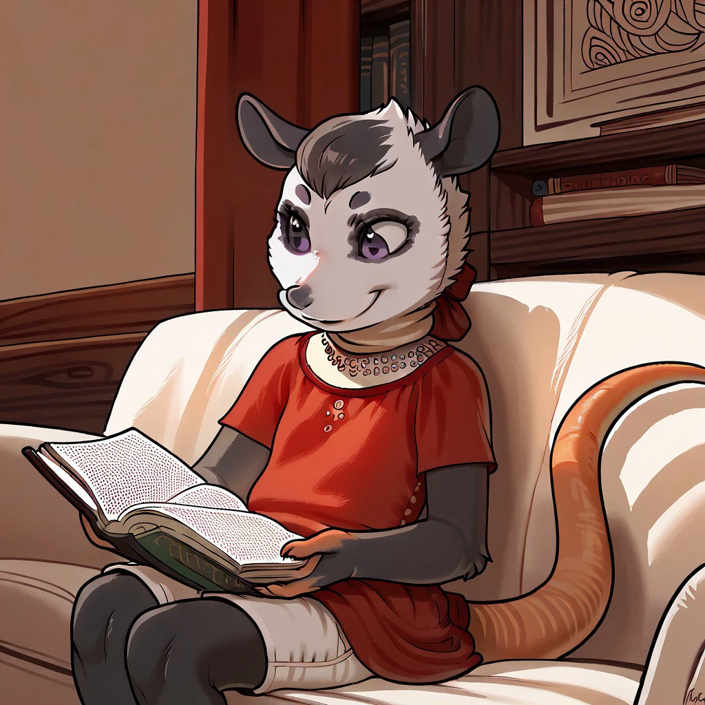 score_9, score_8_up, score_8, score_7, source_cartoon, source_furry, high quality, detailed,
Solo, 1girl, anthro, female furry, Possum, opossum, virginia opossum, Pale white and black fur, black hair, violet eyes, hairless tail, young furry, child, red dress, white shorts, sitting on couch, reading book, large book, Living room background, smiling,