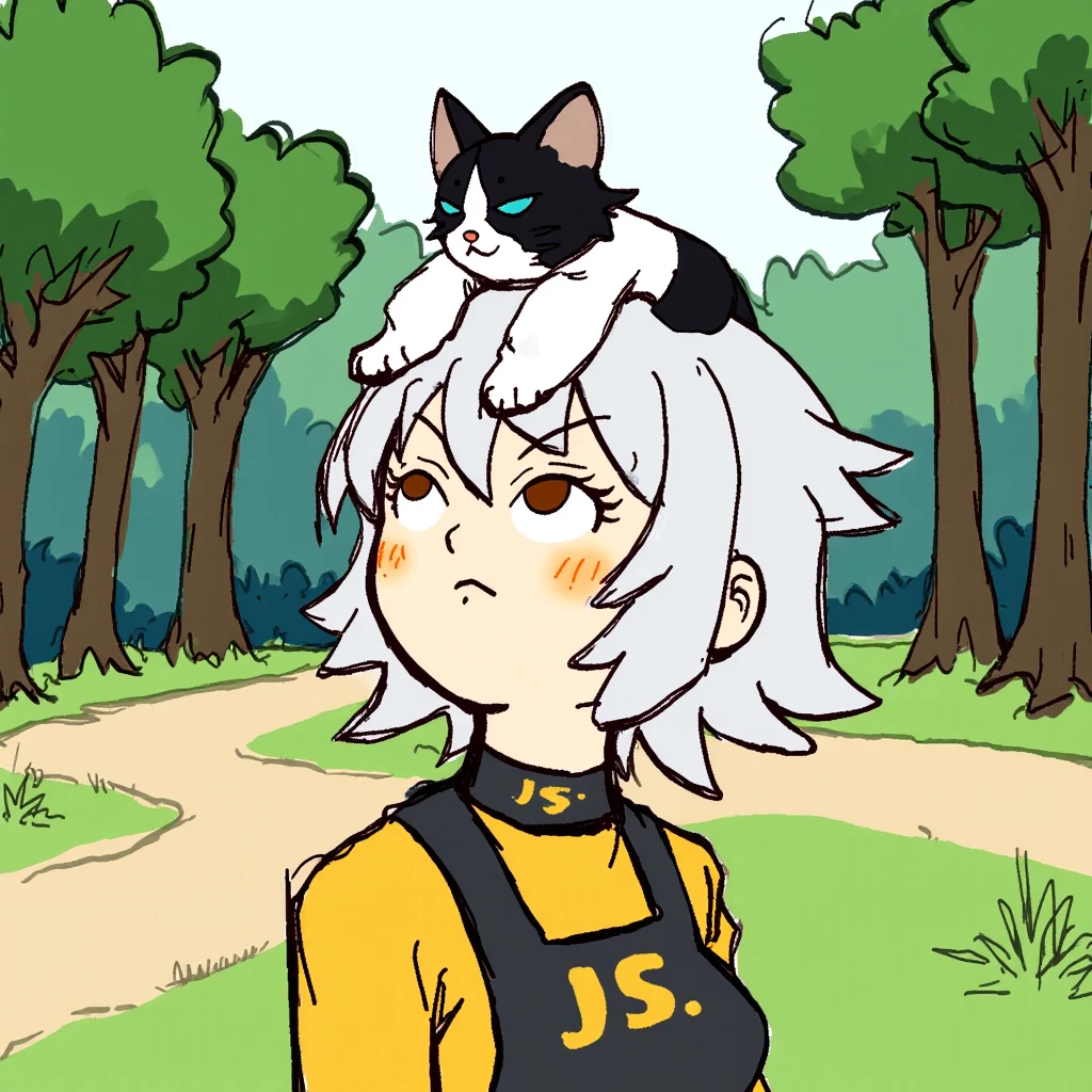 JSR style. A girl with white hair in the park, looking upwards with a calm, dreamy expression. A small black and white cat is resting on her head, peeking over her hair and looking down at her with wide eyes.