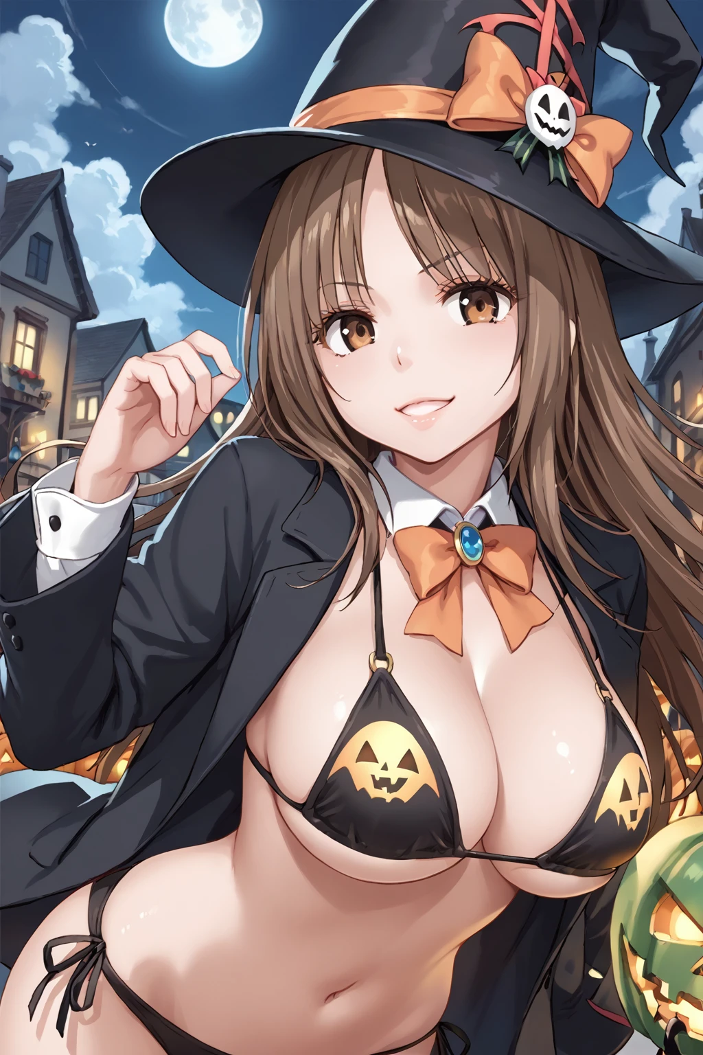 score_9, score_8_up, score_7_up, BREAK source_anime, masterpiece,
1girl, solo, nishina meru, long hair, brown hair, brown eyes, large breasts, <lora:meru_pony:1>
halloween, bikini, magician hat,