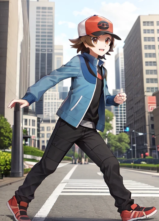 <lora:HilbertBW:0.8>, HilbertBW, brown hair, brown eyes, red cap with black brim, blue coat, long sleeves, black pants, long pants, red shoes, walking, full body, city, solo, 1boy,