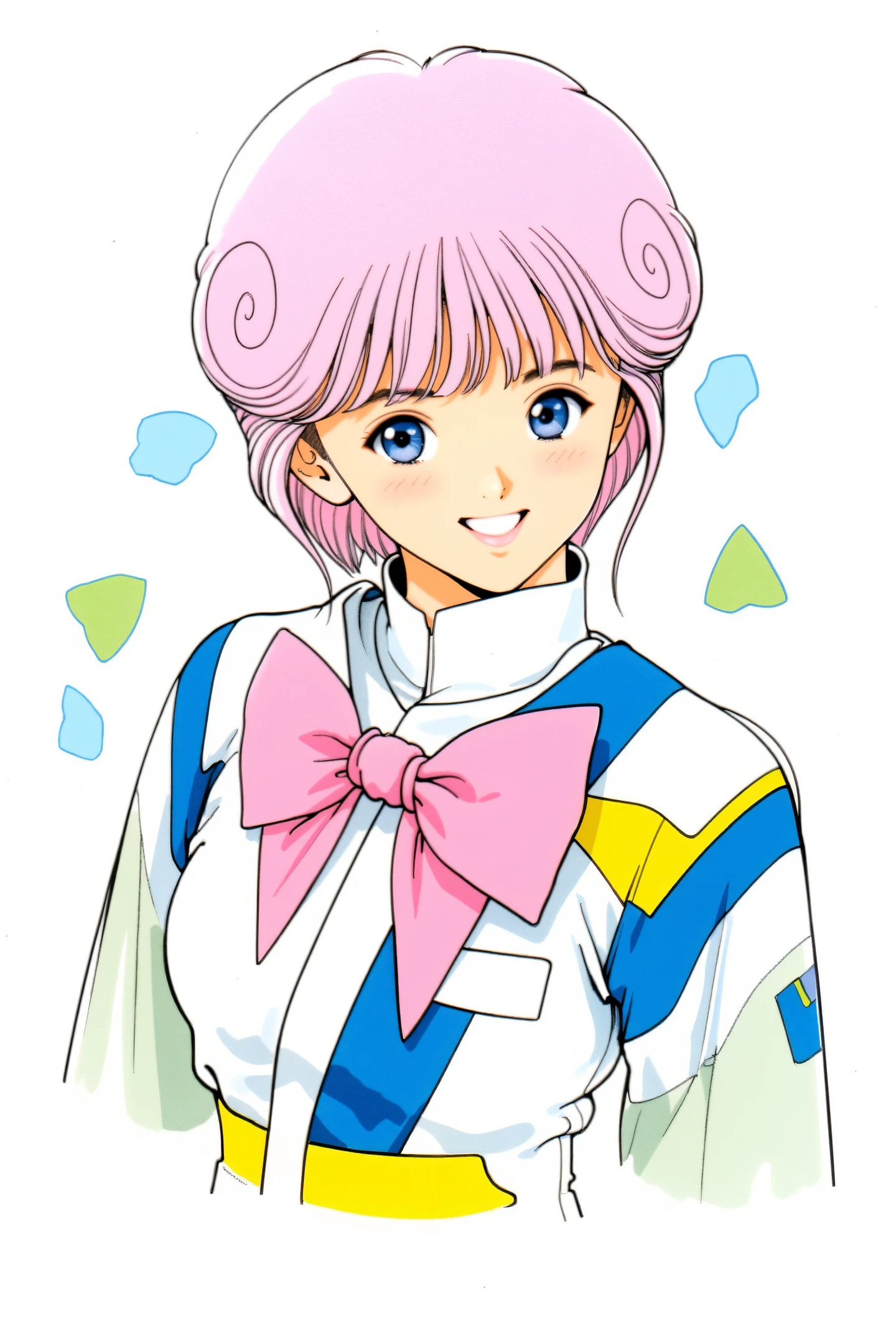 Ai Amano, a young female character with a vibrant and playful aesthetic. She has short, curly, pastel pink hair styled in a bob cut, and her large, expressive eyes are a striking blue. Her skin tone is fair, and she wears a cheerful smile, exuding a friendly and approachable demeanor. 
The character is dressed in a futuristic, high-tech outfit that combines elements of a traditional Japanese kimono with modern sci-fi design. The kimono-style garment is predominantly white with bold, geometric patterns in shades of blue, yellow, and green. It features a high collar and a large, pink bow tied at the neck, adding a whimsical touch to her attire. The bow is intricately detailed with a series of small, pink bows tied around it, creating a visually appealing and dynamic texture.
The background is minimalistic, with a plain white canvas that accentuates the character's vibrant colors and intricate design. Surrounding her, there are abstract, geometric shapes in pastel hues, including blue, green, and yellow, which add to the futuristic and whimsical theme of the illustration. The overall style is reminiscent of 1980s anime art, characterized by bold lines, vibrant colors, and
<lora:Katsura Masakazu_FLUX:1>,