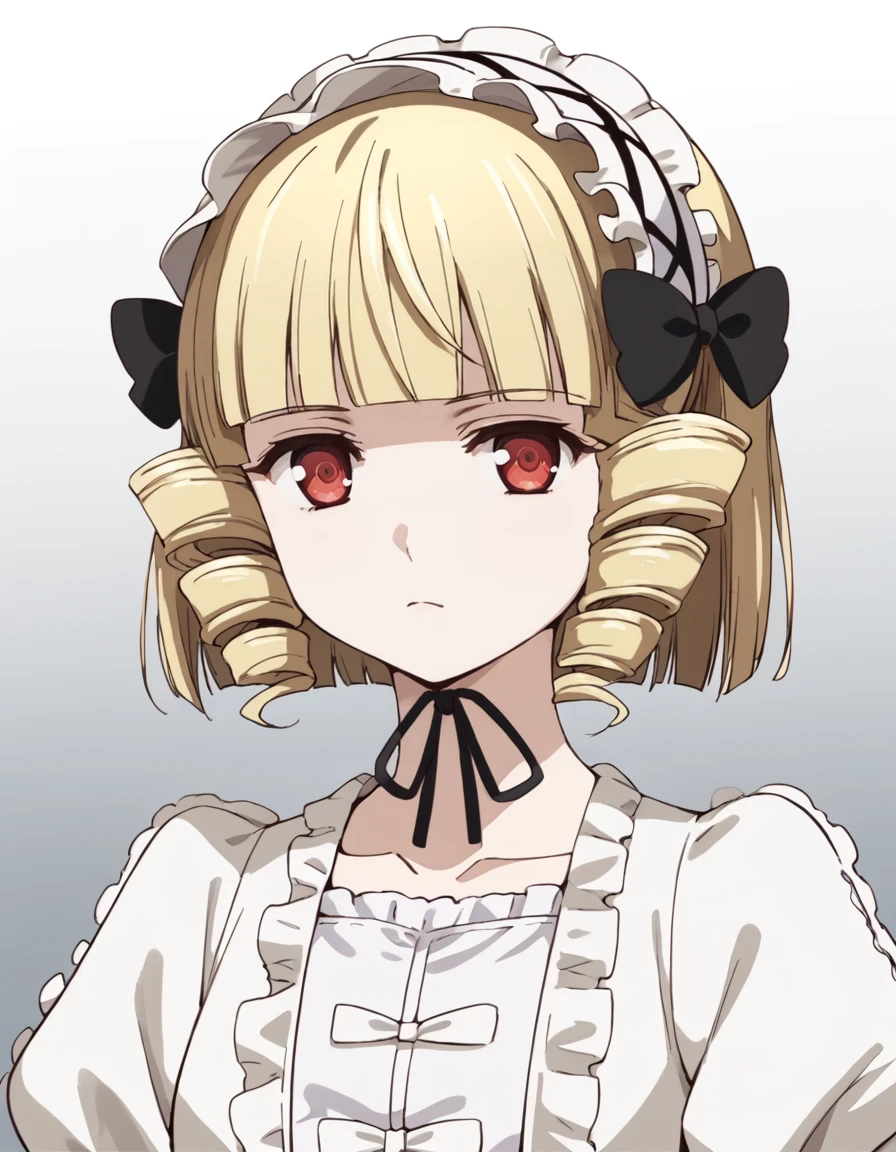 score_9, score_8_up, score_7_up, source_anime, BREAK
1girl, solo, looking at viewer, gradient background, expressionless, portrait,
kana tachibana, blonde hair, drill hair, short hair, blunt bangs, red eyes,
white gothic outfit, hairband, black hair bow, chin ribbon, collarbone, white dress, puffy sleeves, short sleeves, frills, white bowtie,
<lora:kana_tachibana_anime-soralz:1>