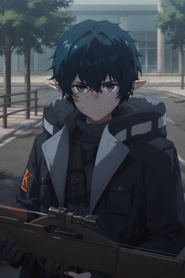 score_9, score_8_up, score_7_up, score_6_up, score_5_up,score_4_up , 
faust, green hair, green eyes, pointy ears, scales, 1boy, male focus, weapon, gun, solo, sniper rifle, holding weapon, holding gun, rifle, looking at viewer, holding, outdoors, aiming, hair between eyes, closed mouth, gloves, jacket, black gloves