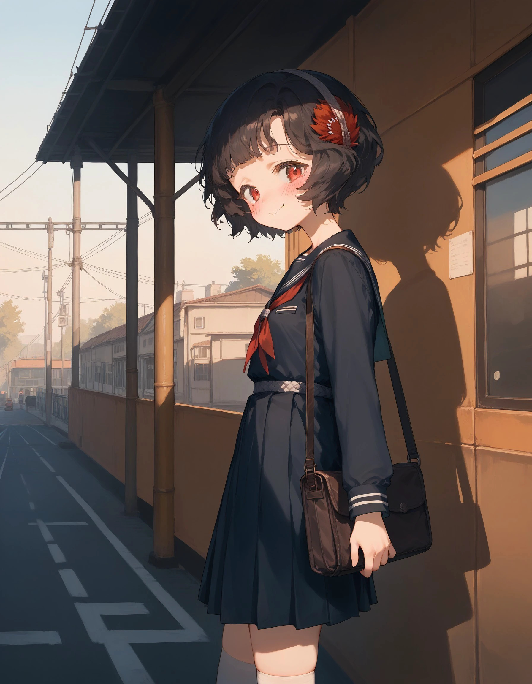 score_9, score_8_up, score_7_up, score_6_up, source_anime, outdoors, train station, rails, shade,
BREAK
1girl, schndef, short hair, feather hair ornament, white hairband, red eyes, small breasts, serafuku, sleeves past wrist, sailor collar, pleated skirt, shoulder bag, thighhighs, maryjanes, blush, from side, looking at viewer, nervous, wavy mouth, wavy smile, 
<lora:r1999schneider-pdxl-ravenfoot-v1-CAME:1.0>